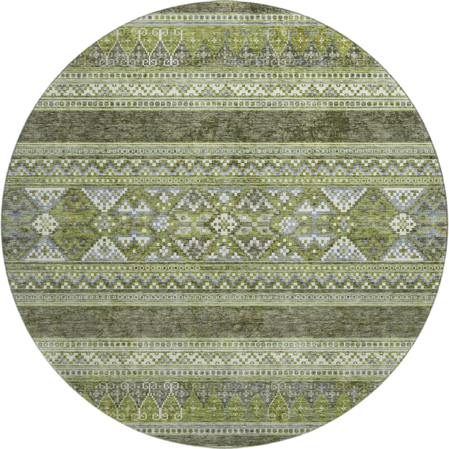 8' Olive Green Gray And Ivory Southwestern Washable Round Rug With UV Protection - HomeRoots - Flyclothing LLC