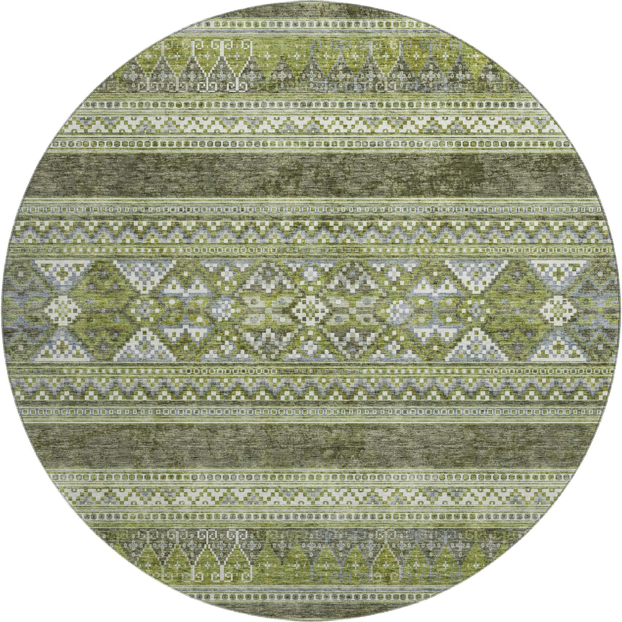 8' Olive Green Gray And Ivory Southwestern Washable Round Rug With UV Protection - HomeRoots - Flyclothing LLC