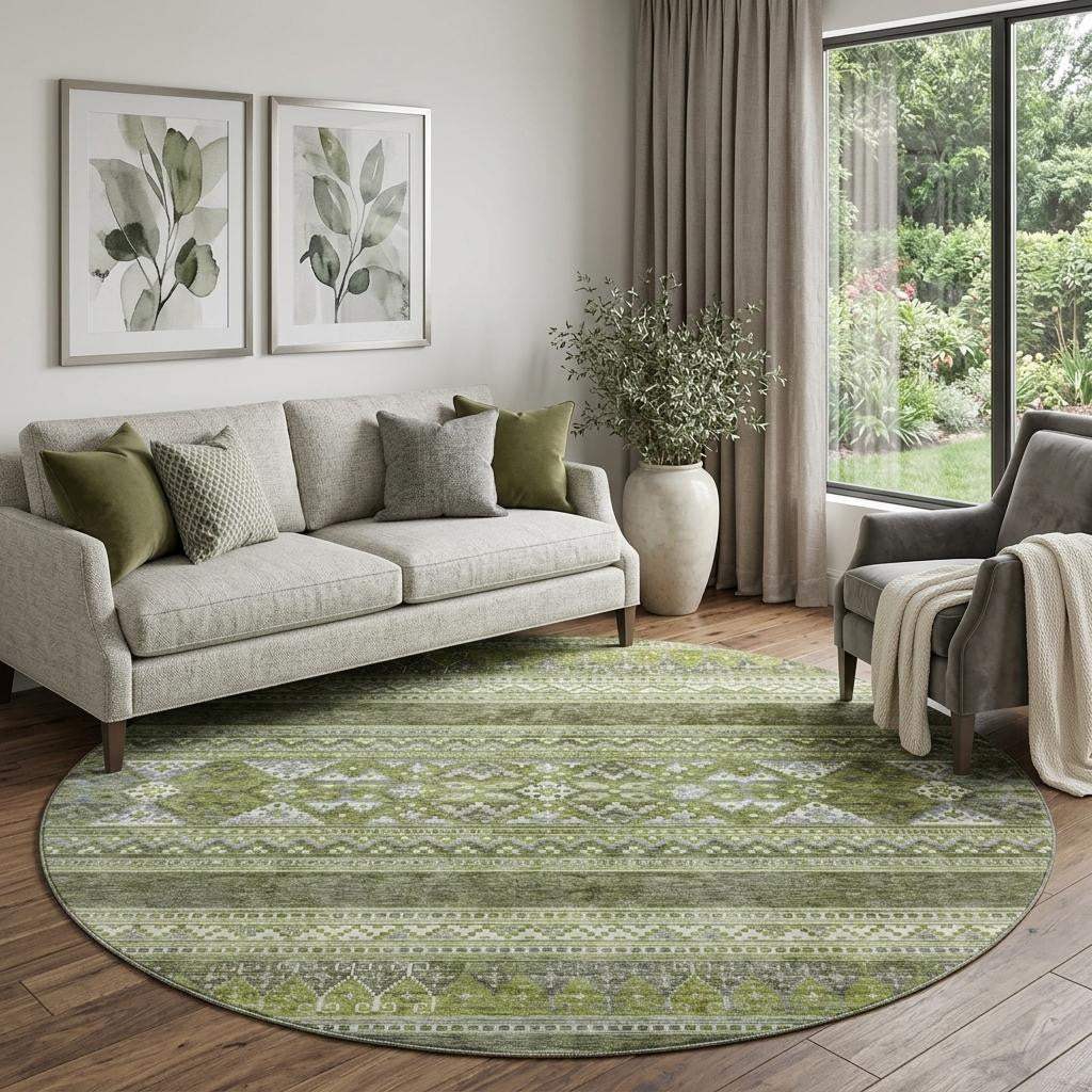 8' Olive Green Gray And Ivory Southwestern Washable Round Rug With UV Protection - HomeRoots - Flyclothing LLC