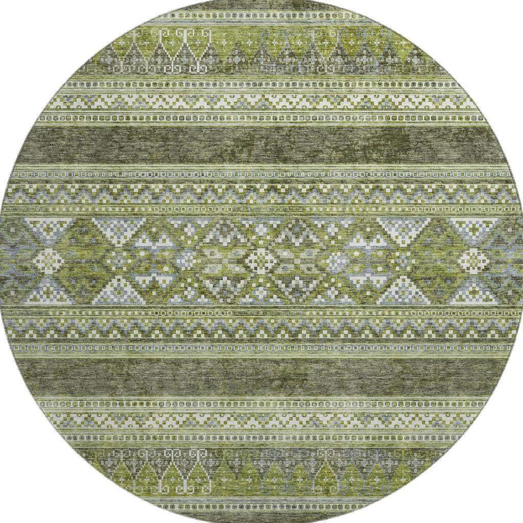 8' Olive Green Gray And Ivory Southwestern Washable Round Rug With UV Protection - HomeRoots - Flyclothing LLC