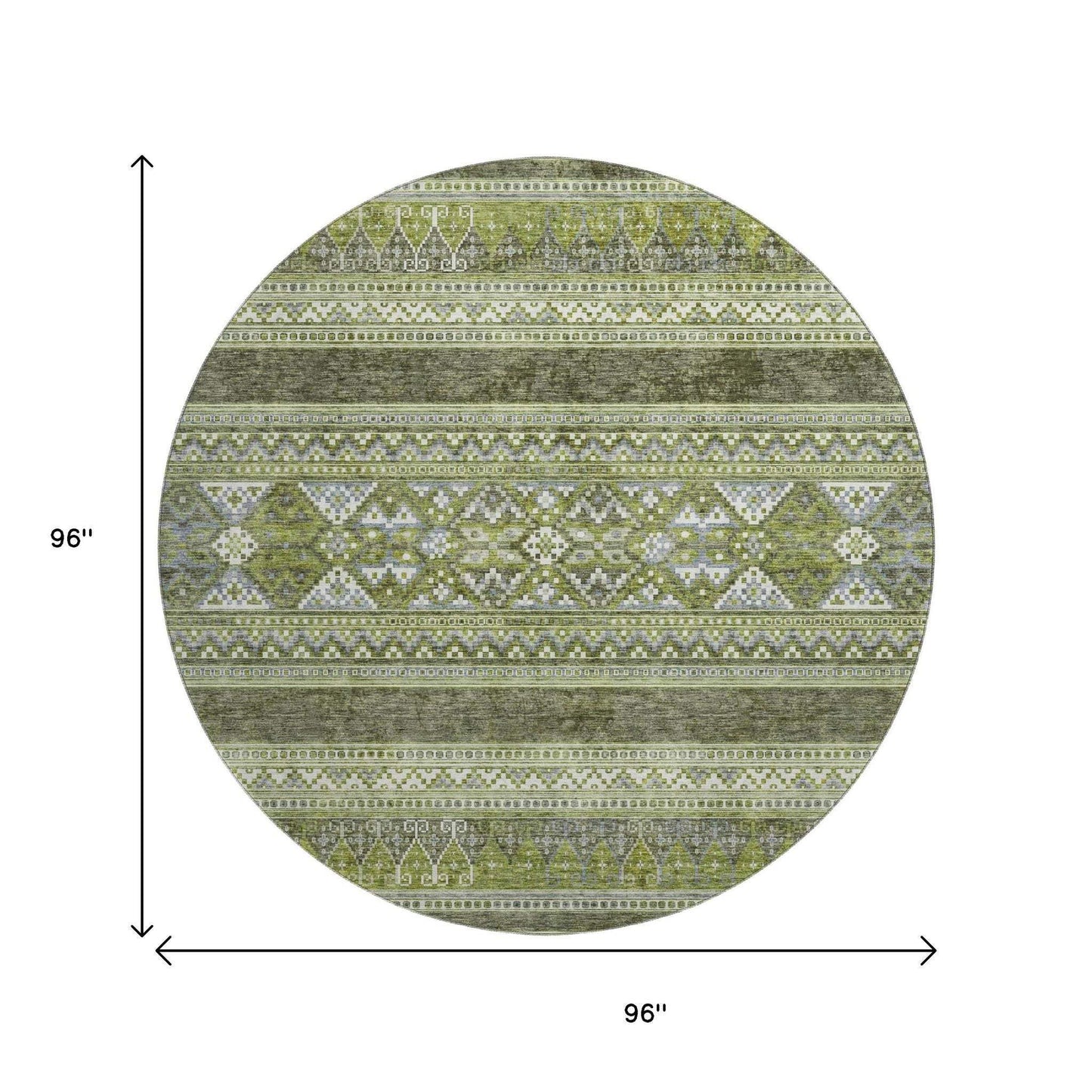 8' Olive Green Gray And Ivory Southwestern Washable Round Rug With UV Protection - HomeRoots - Flyclothing LLC
