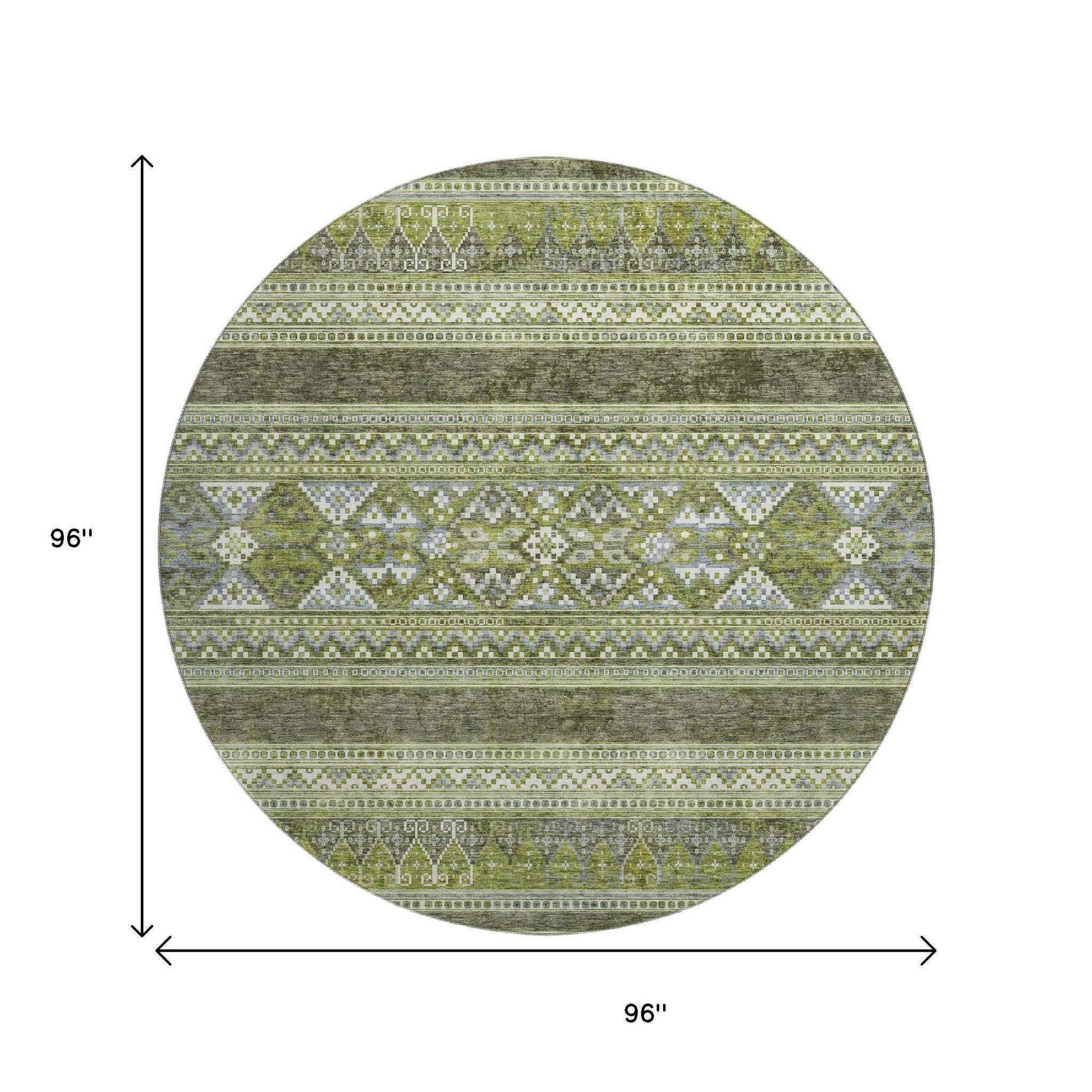 8' Olive Green Gray And Ivory Southwestern Washable Round Rug With UV Protection - HomeRoots - Flyclothing LLC