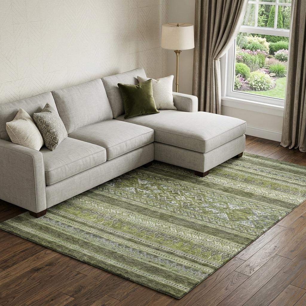 8' X 10' Olive Green Gray And Ivory Southwestern Washable Area Rug With UV Protection - HomeRoots - Flyclothing LLC