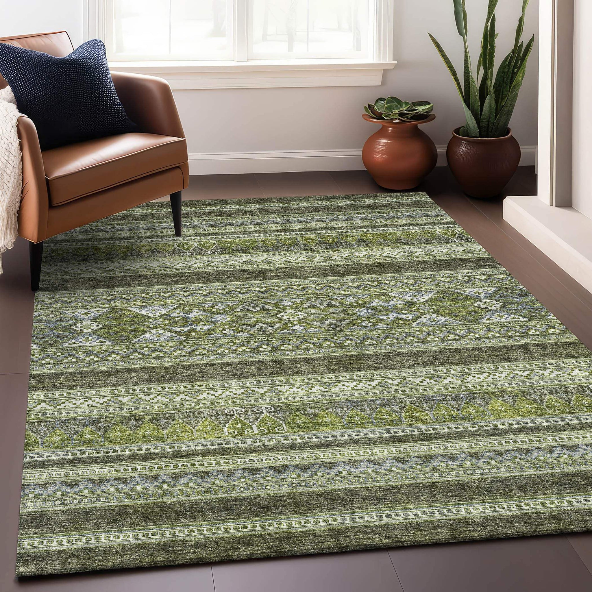 8' X 10' Olive Green Gray And Ivory Southwestern Washable Area Rug With UV Protection - HomeRoots - Flyclothing LLC