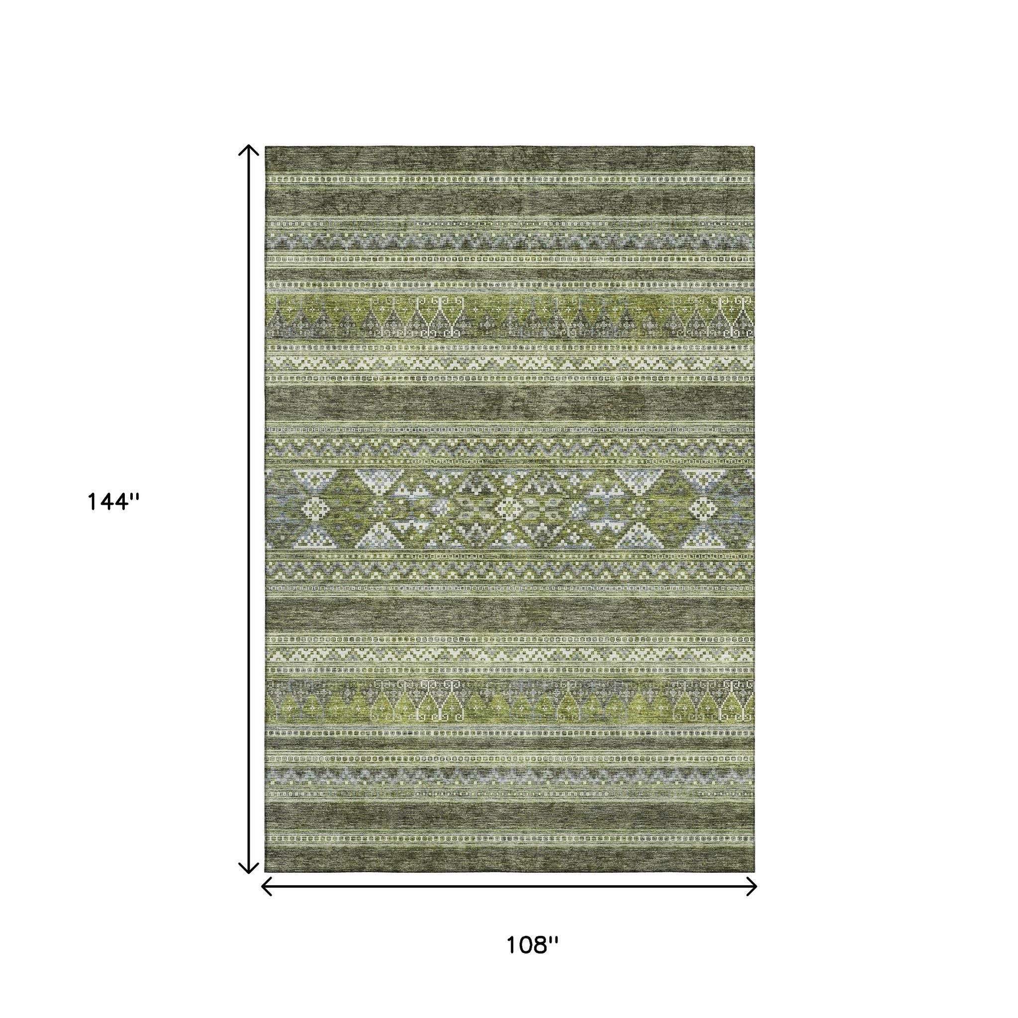 9' X 12' Olive Green Gray And Ivory Southwestern Washable Area Rug With UV Protection - HomeRoots - Flyclothing LLC