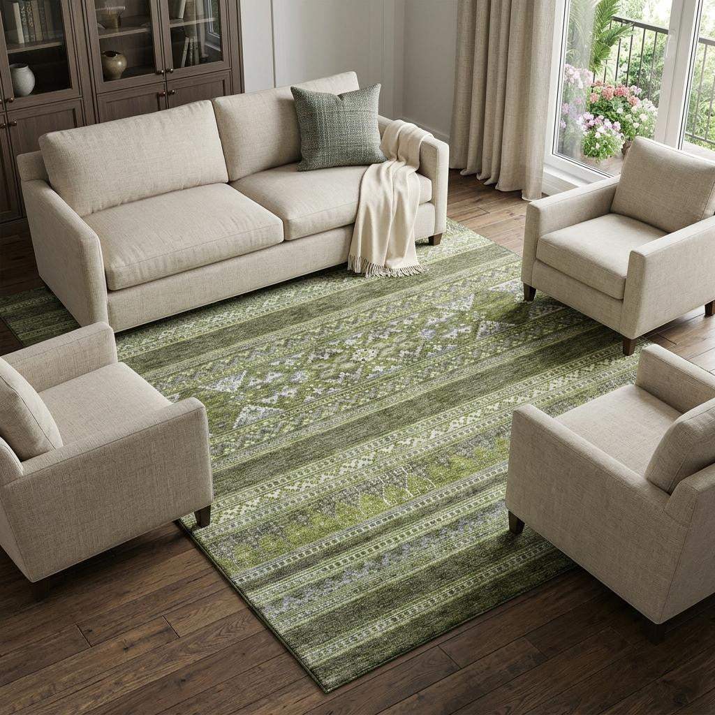 9' X 12' Olive Green Gray And Ivory Southwestern Washable Area Rug With UV Protection - HomeRoots - Flyclothing LLC