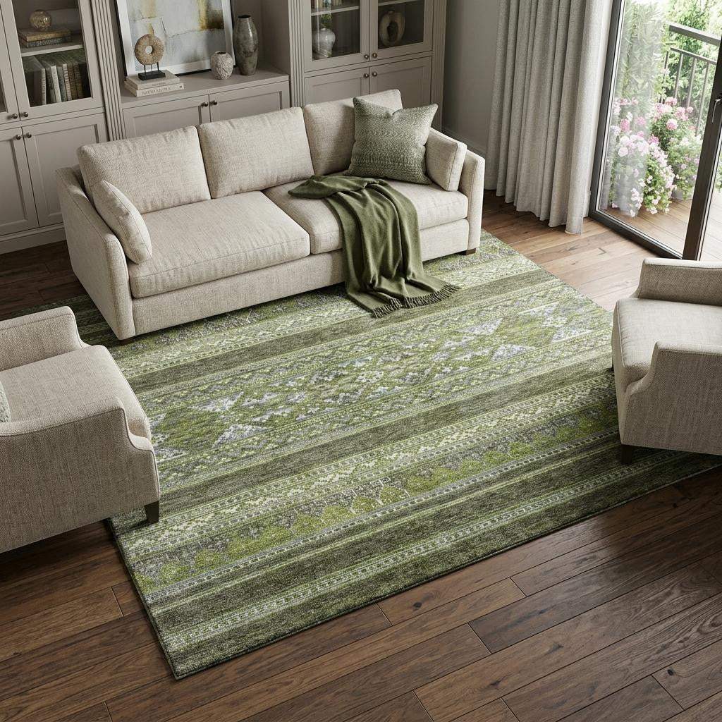 10' X 14' Olive Green Gray And Ivory Southwestern Washable Area Rug With UV Protection - HomeRoots - Flyclothing LLC