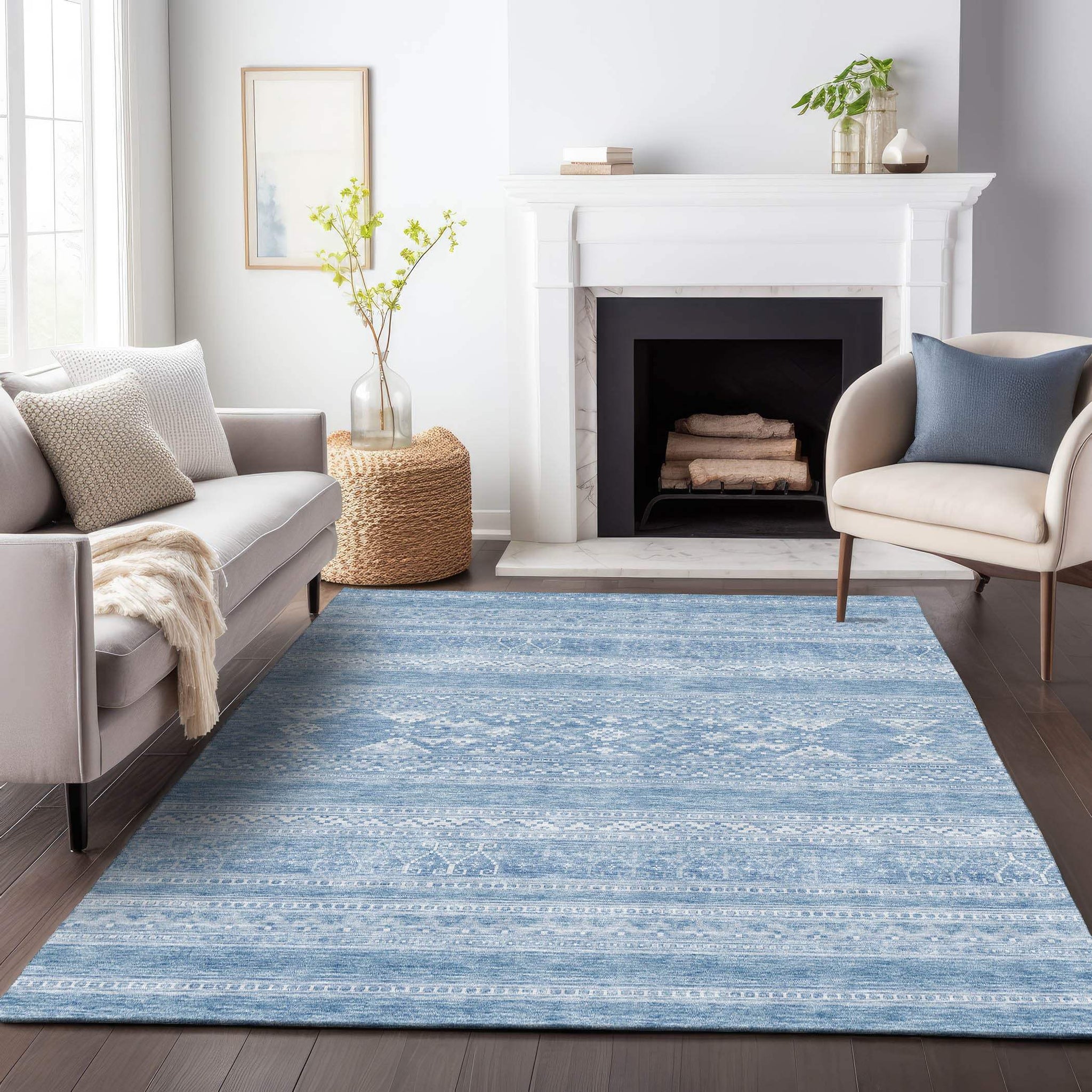 3' X 5' Sky Blue And Ivory Southwestern Washable Area Rug With UV Protection - HomeRoots - Flyclothing LLC