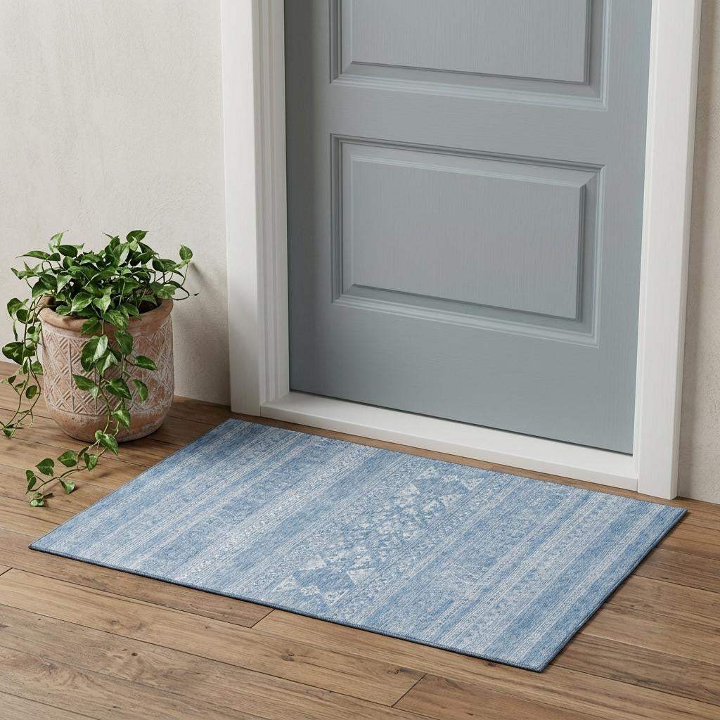 3' X 5' Sky Blue And Ivory Southwestern Washable Area Rug With UV Protection - HomeRoots - Flyclothing LLC