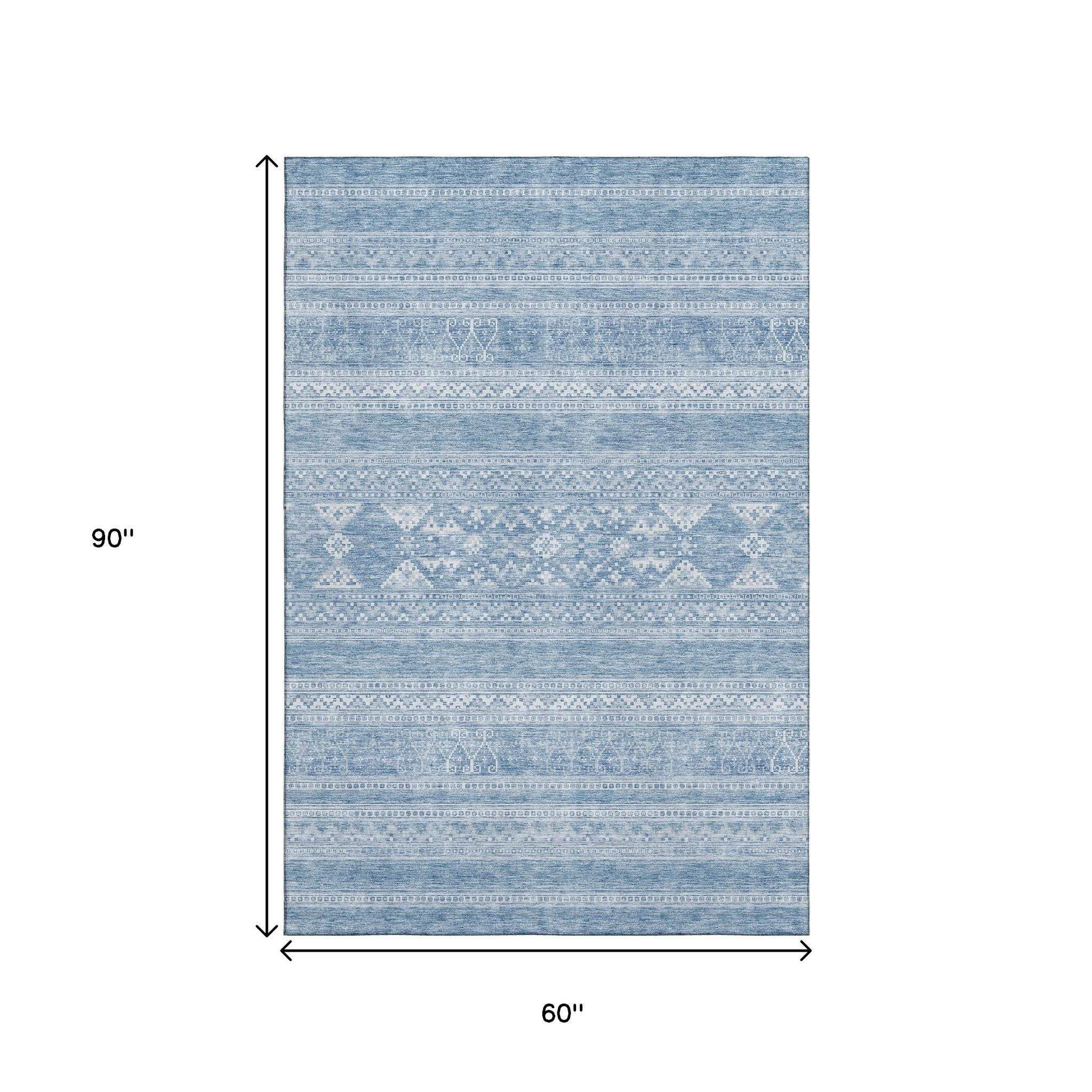 5' X 8' Sky Blue And Ivory Southwestern Washable Area Rug With UV Protection - HomeRoots - Flyclothing LLC