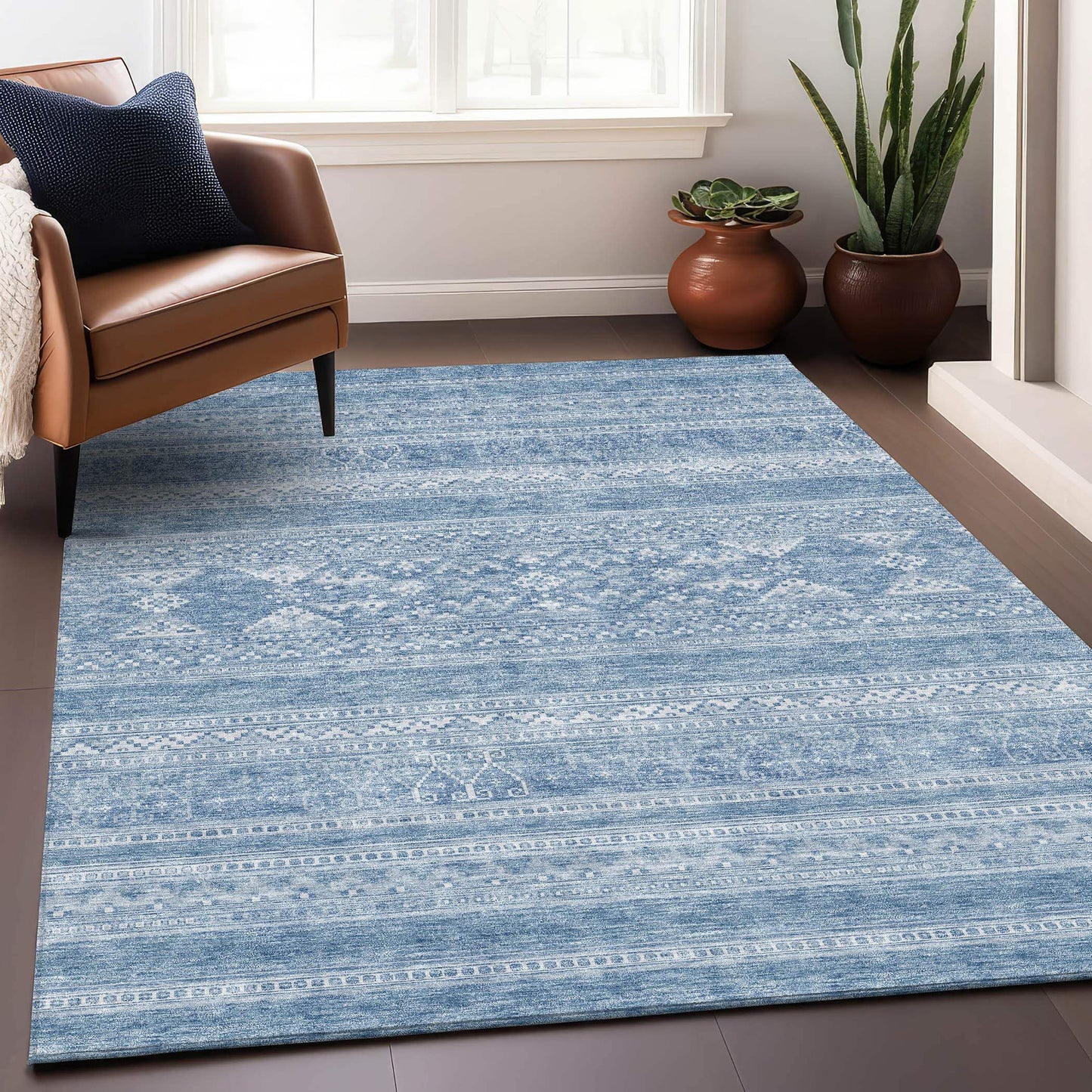 5' X 8' Sky Blue And Ivory Southwestern Washable Area Rug With UV Protection - HomeRoots - Flyclothing LLC