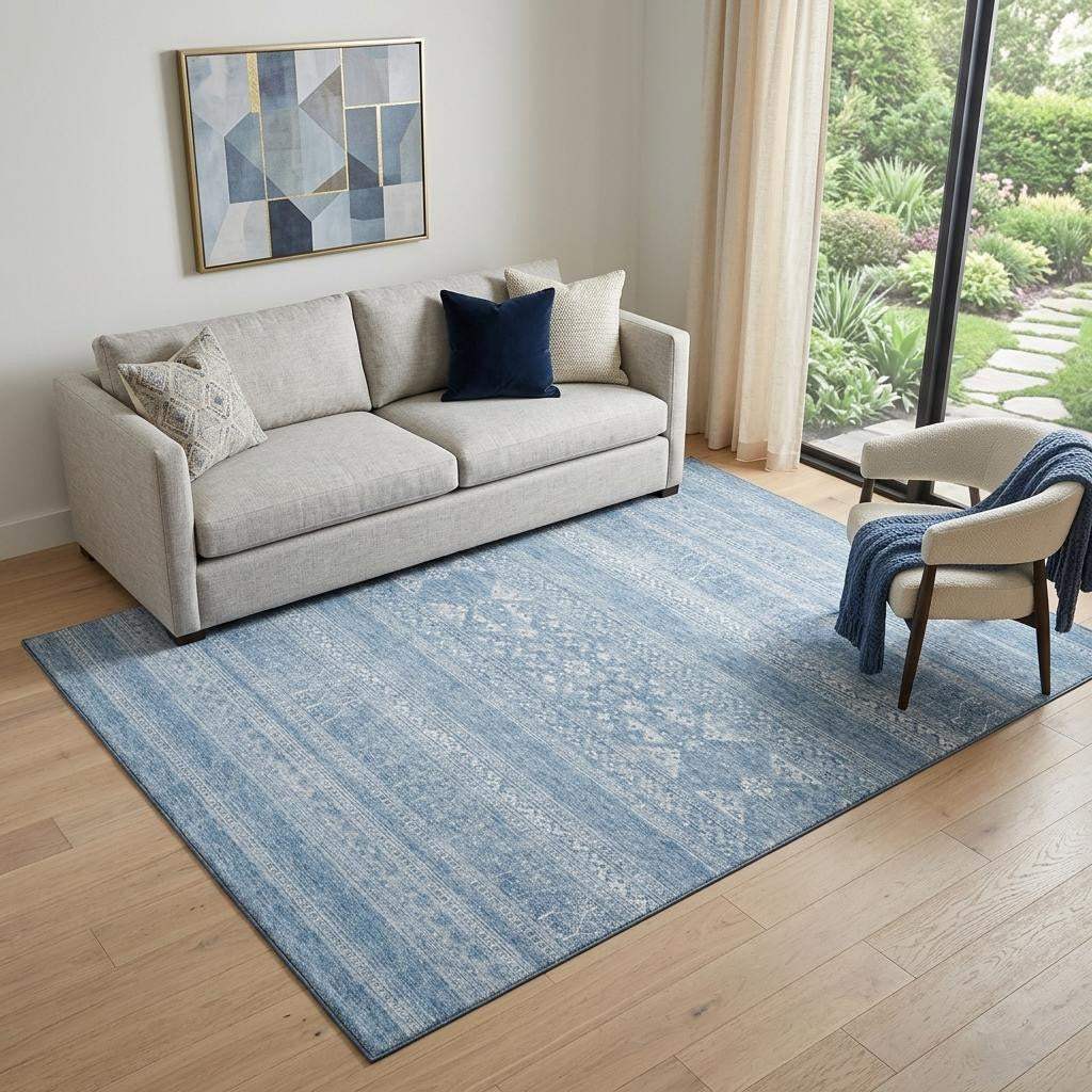 5' X 8' Sky Blue And Ivory Southwestern Washable Area Rug With UV Protection - HomeRoots - Flyclothing LLC