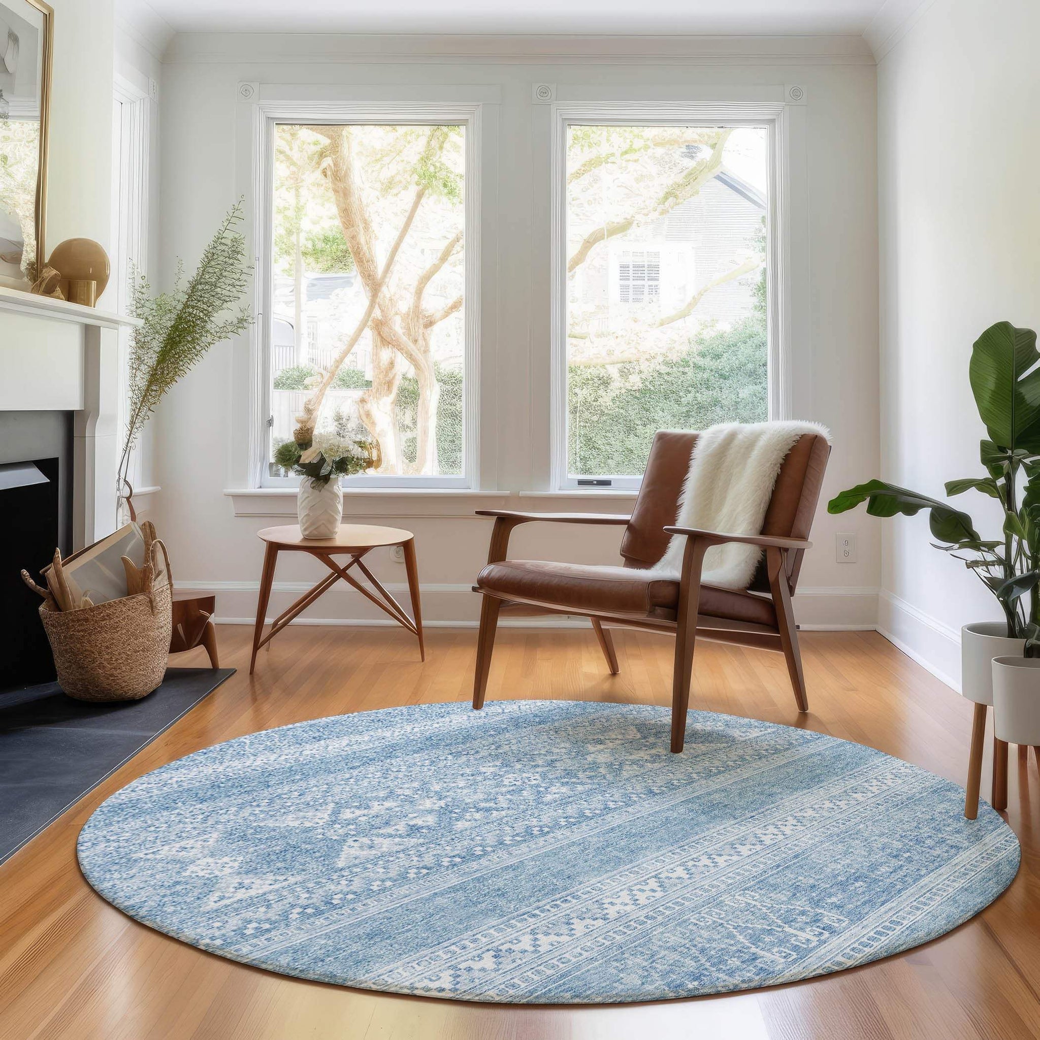 8' Sky Blue And Ivory Southwestern Washable Round Rug With UV Protection - HomeRoots - Flyclothing LLC