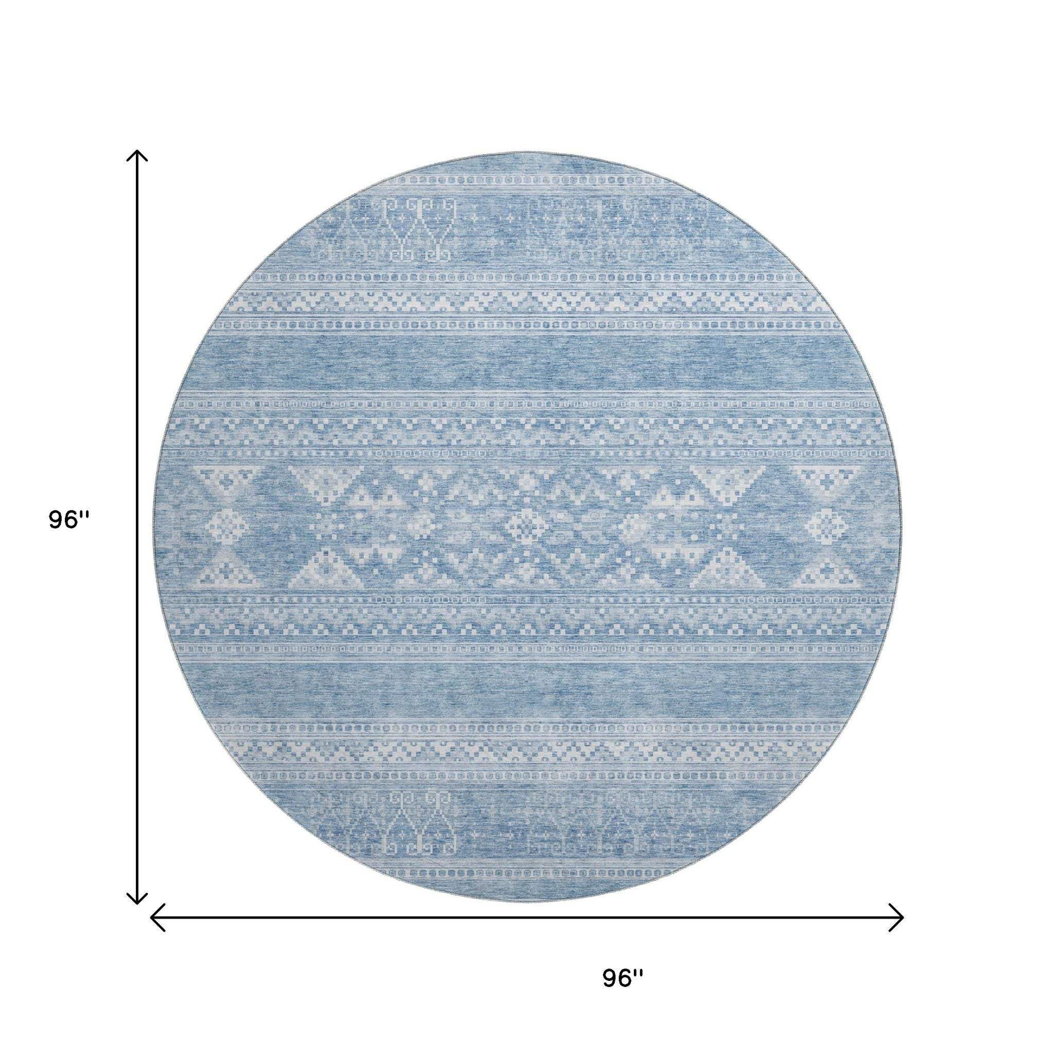 8' Sky Blue And Ivory Southwestern Washable Round Rug With UV Protection - HomeRoots - Flyclothing LLC