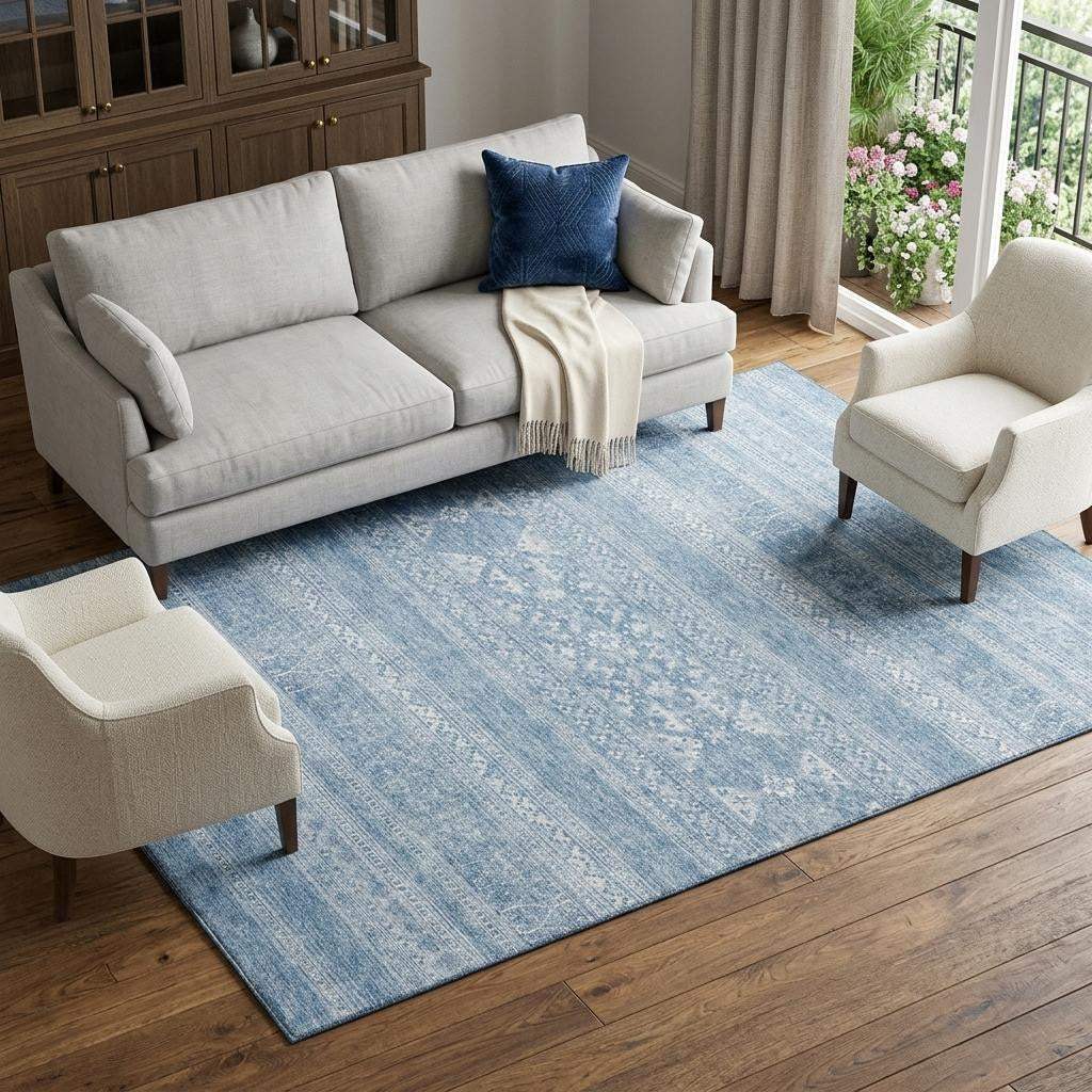8' X 10' Sky Blue And Ivory Southwestern Washable Area Rug With UV Protection - HomeRoots - Flyclothing LLC