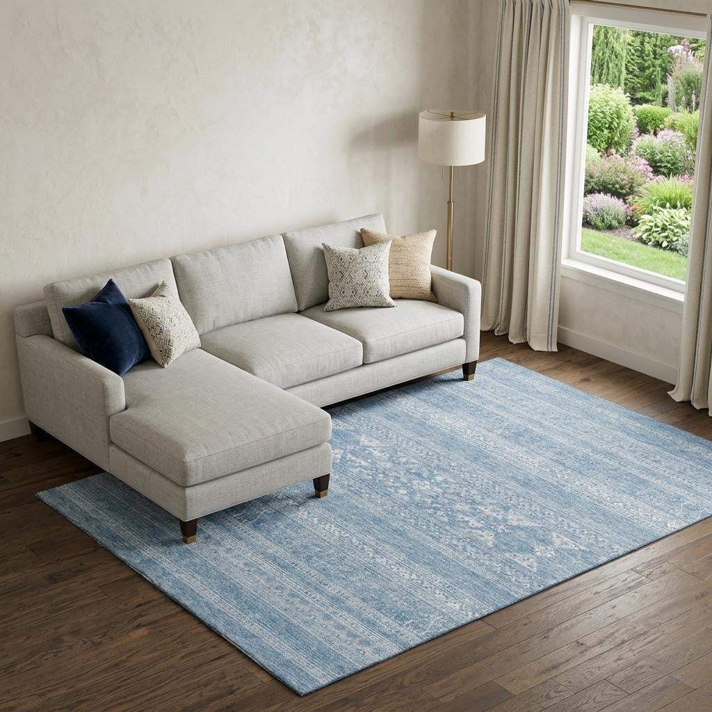 10' X 14' Sky Blue And Ivory Southwestern Washable Area Rug With UV Protection - HomeRoots - Flyclothing LLC