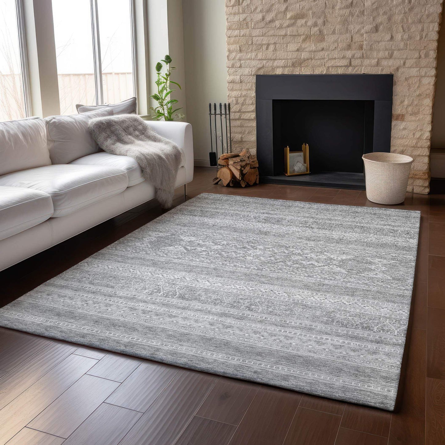 3' X 5' Silver And Gray Southwestern Washable Area Rug With UV Protection - HomeRoots - Flyclothing LLC