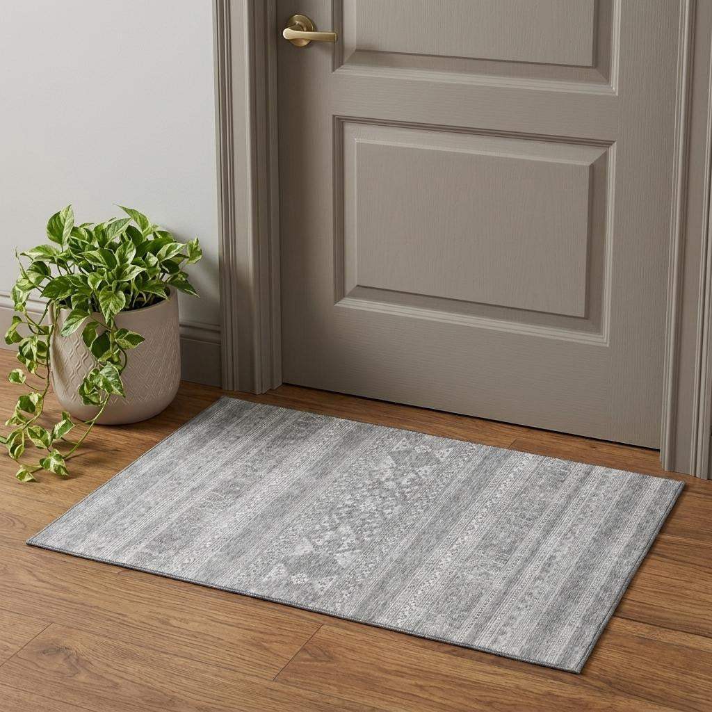 3' X 5' Silver And Gray Southwestern Washable Area Rug With UV Protection - HomeRoots - Flyclothing LLC