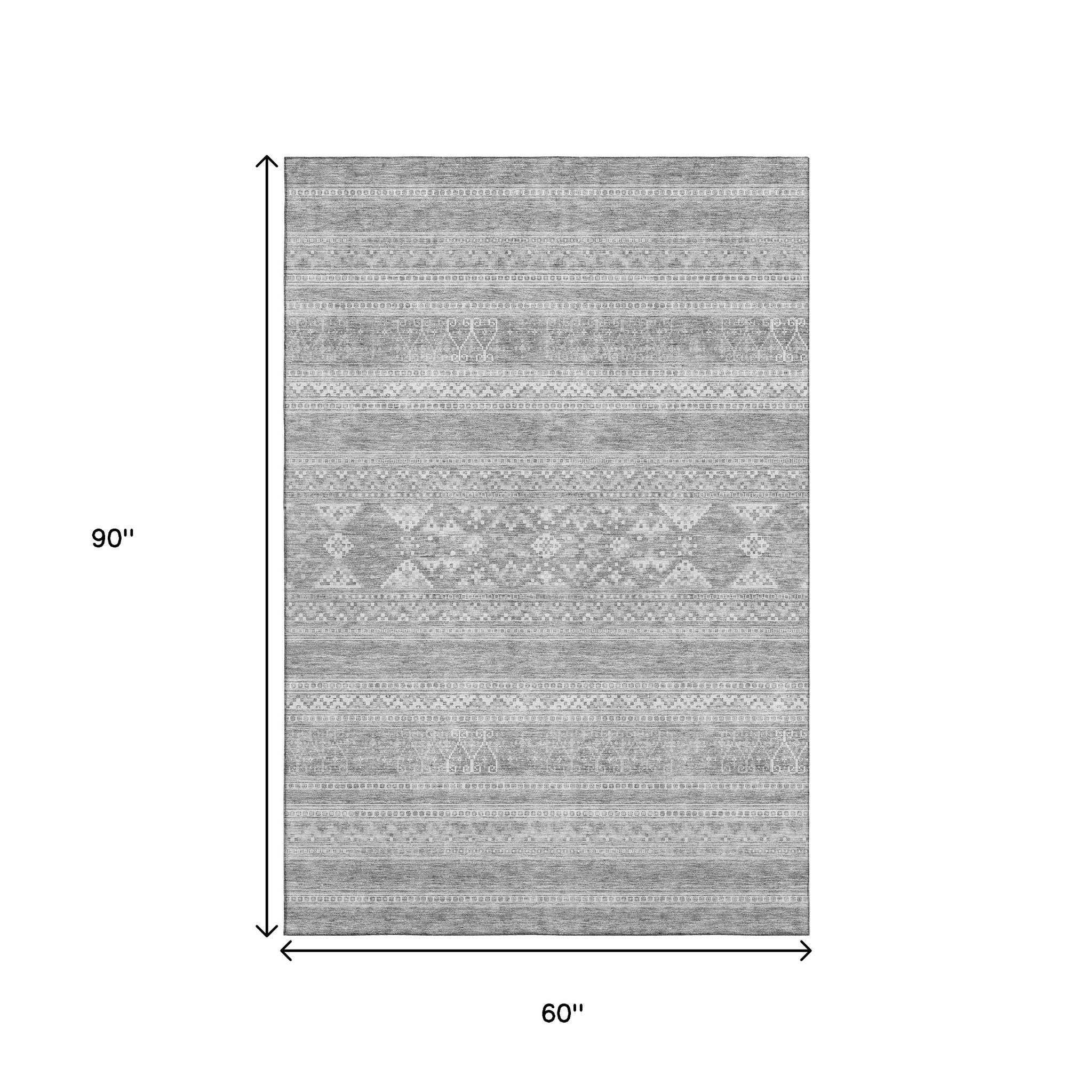 5' X 8' Silver And Gray Southwestern Washable Area Rug With UV Protection - HomeRoots - Flyclothing LLC