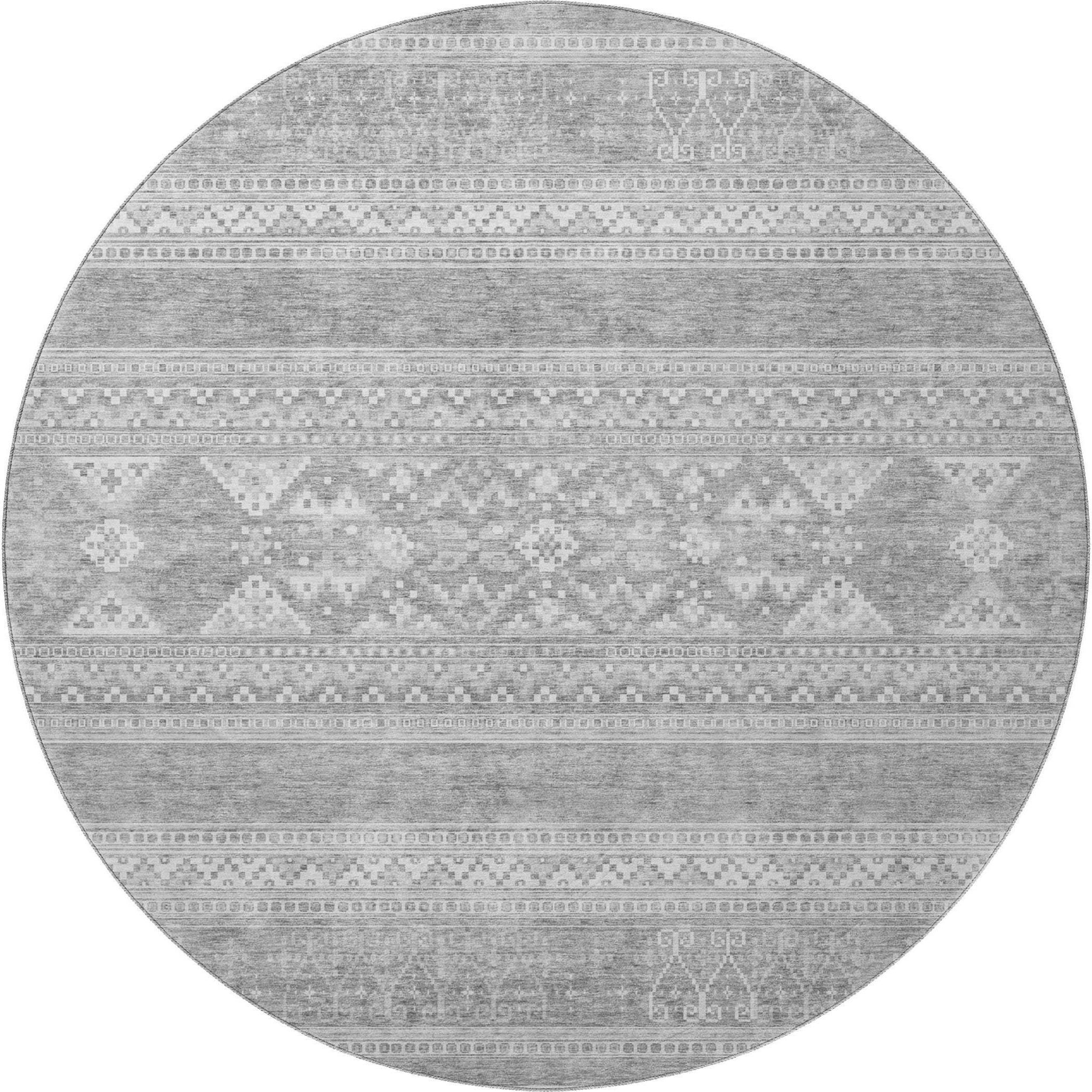 8' Silver And Gray Southwestern Washable Round Rug With UV Protection - HomeRoots - Flyclothing LLC
