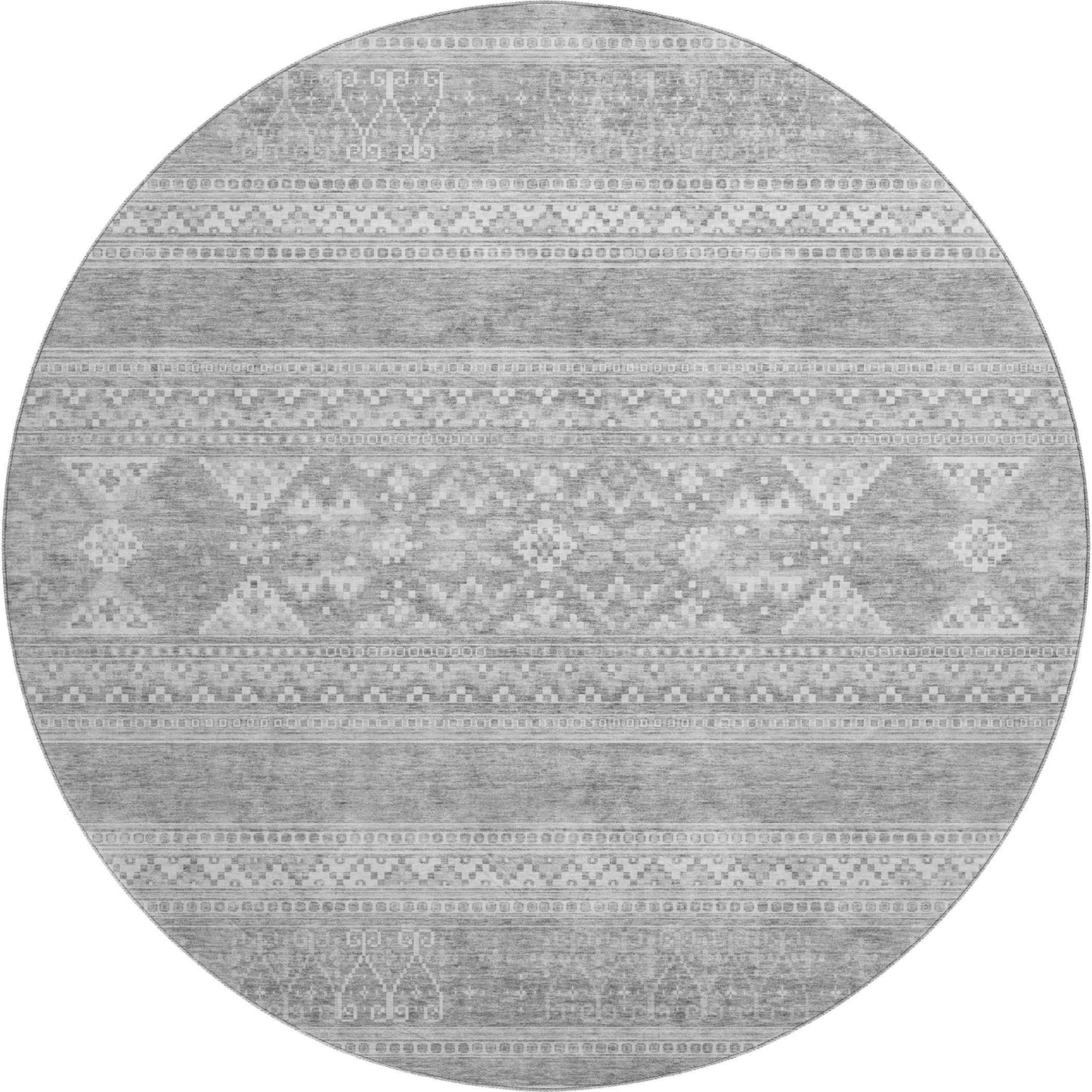 8' Silver And Gray Southwestern Washable Round Rug With UV Protection - HomeRoots - Flyclothing LLC