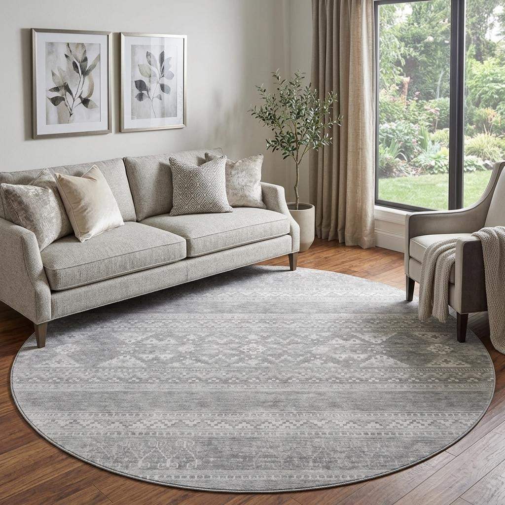 8' Silver And Gray Southwestern Washable Round Rug With UV Protection - HomeRoots - Flyclothing LLC