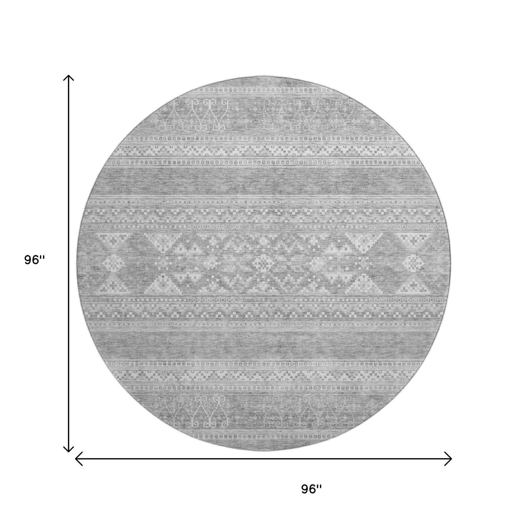 8' Silver And Gray Southwestern Washable Round Rug With UV Protection - HomeRoots - Flyclothing LLC