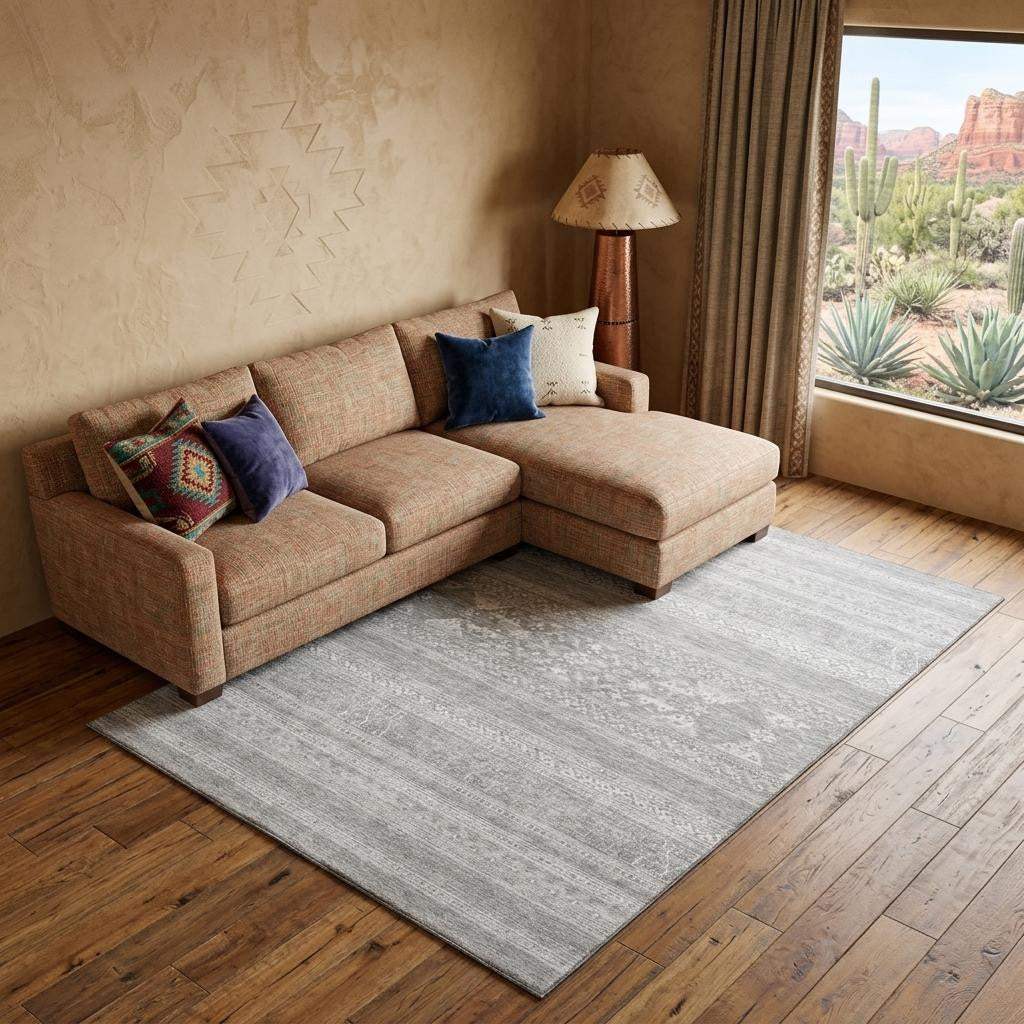 9' X 12' Silver And Gray Southwestern Washable Area Rug With UV Protection - HomeRoots - Flyclothing LLC