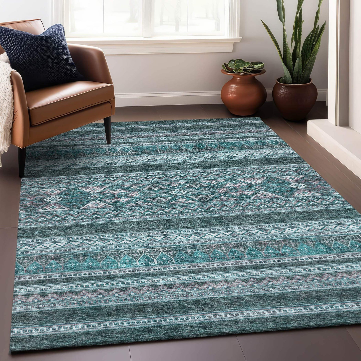 3' X 5' Teal And Ivory Southwestern Washable Area Rug With UV Protection - HomeRoots - Flyclothing LLC