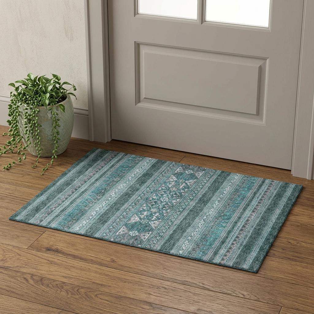 3' X 5' Teal And Ivory Southwestern Washable Area Rug With UV Protection - HomeRoots - Flyclothing LLC