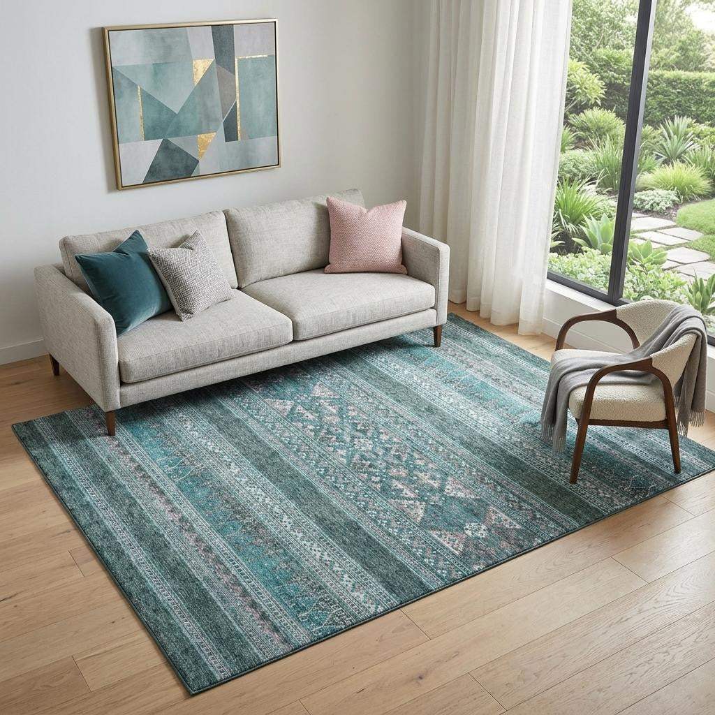 5' X 8' Teal And Ivory Southwestern Washable Area Rug With UV Protection - HomeRoots - Flyclothing LLC