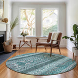 8' Teal And Ivory Southwestern Washable Round Rug With UV Protection - HomeRoots - Flyclothing LLC