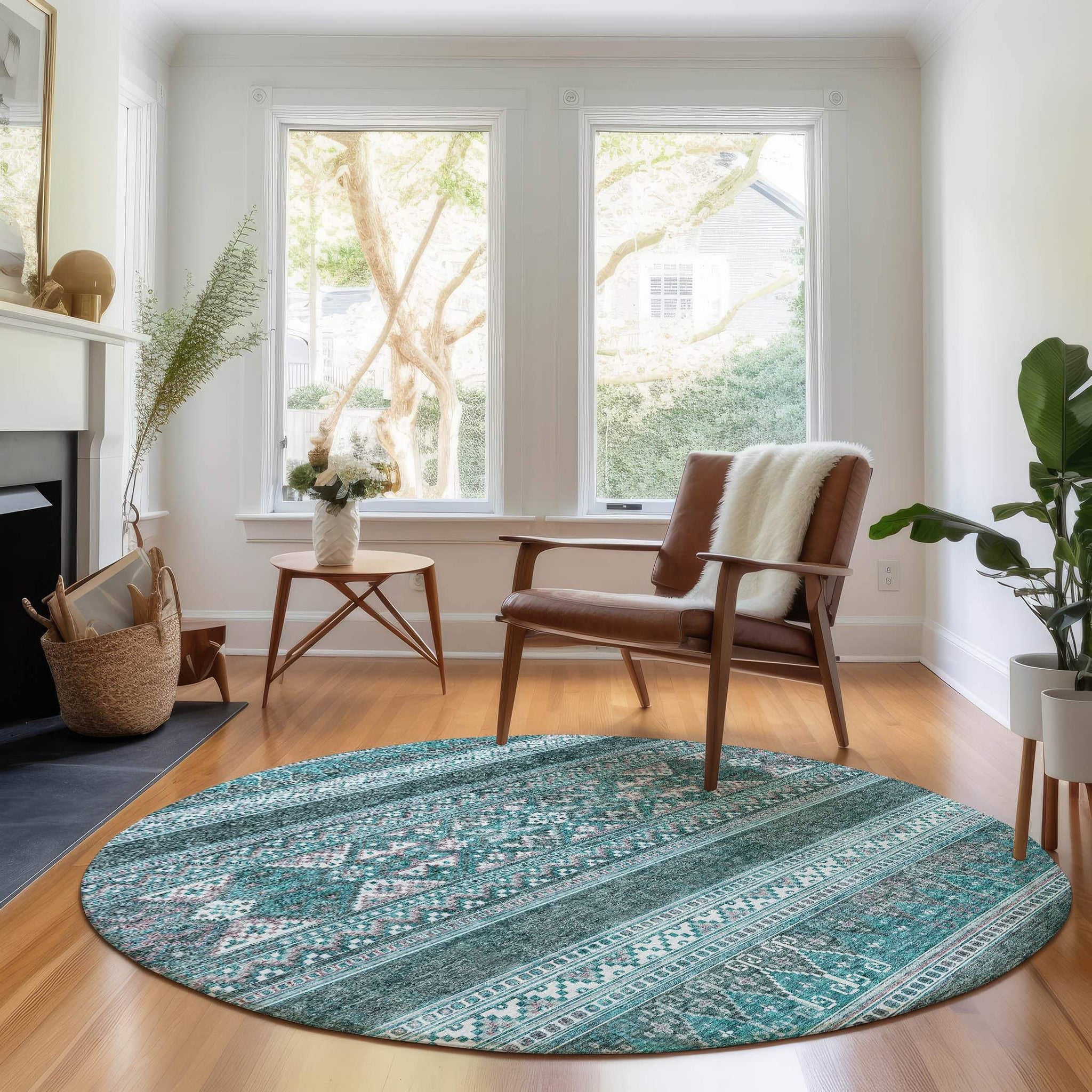 8' Teal And Ivory Southwestern Washable Round Rug With UV Protection - HomeRoots - Flyclothing LLC