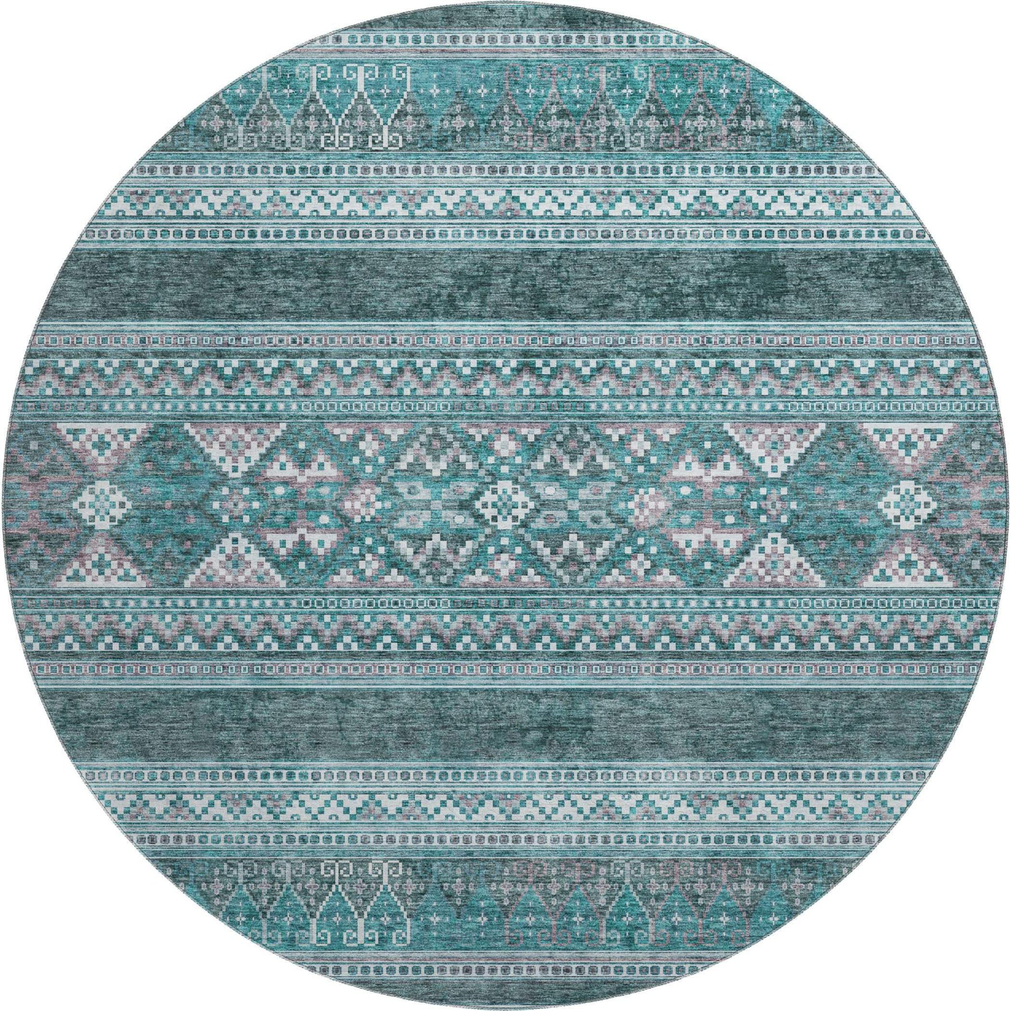 8' Teal And Ivory Southwestern Washable Round Rug With UV Protection - HomeRoots - Flyclothing LLC