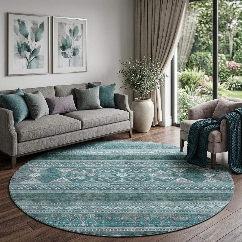 8' Teal And Ivory Southwestern Washable Round Rug With UV Protection - HomeRoots - Flyclothing LLC