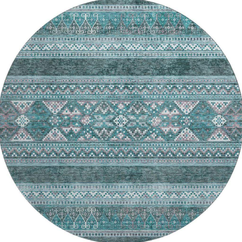 8' Teal And Ivory Southwestern Washable Round Rug With UV Protection - HomeRoots - Flyclothing LLC
