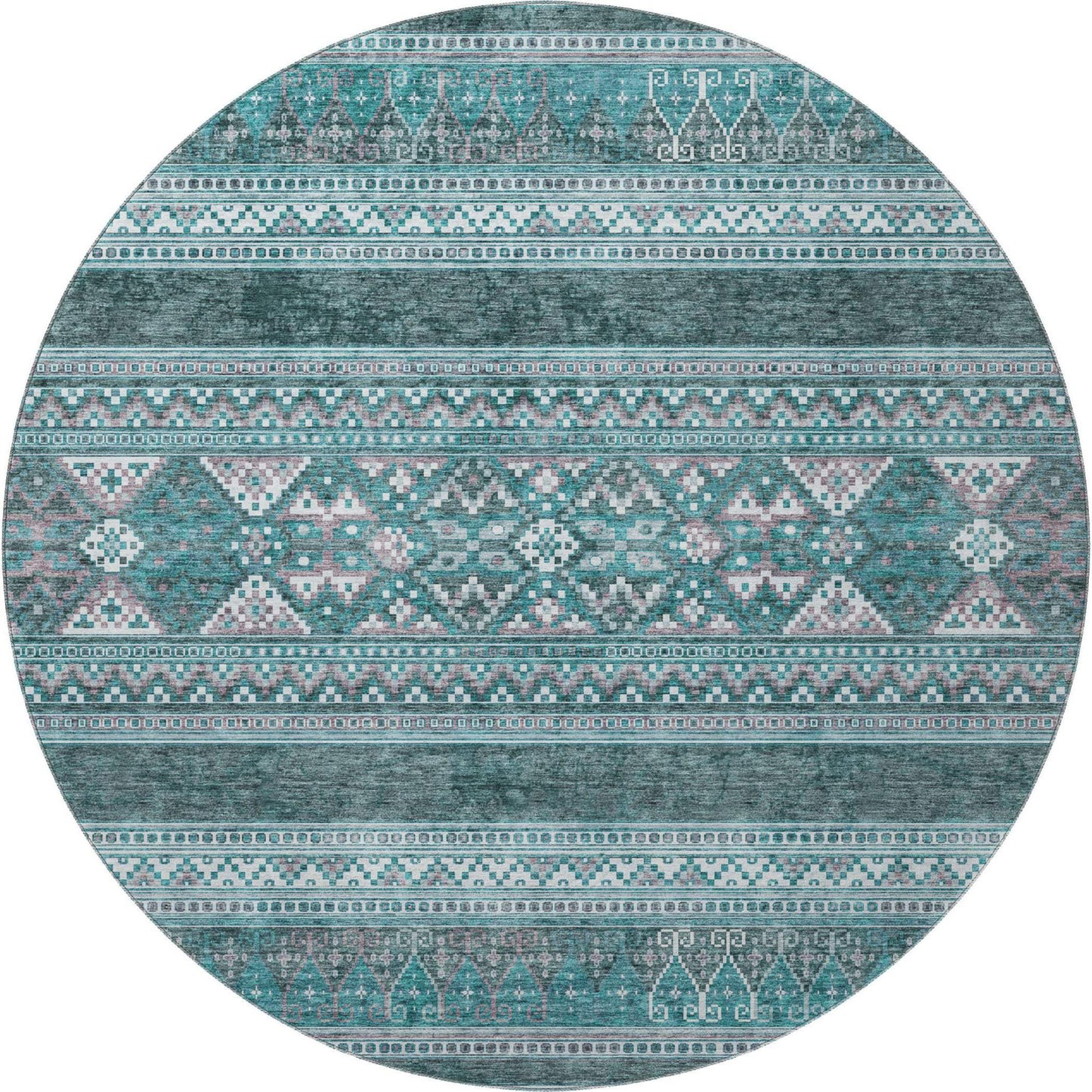 8' Teal And Ivory Southwestern Washable Round Rug With UV Protection - HomeRoots - Flyclothing LLC