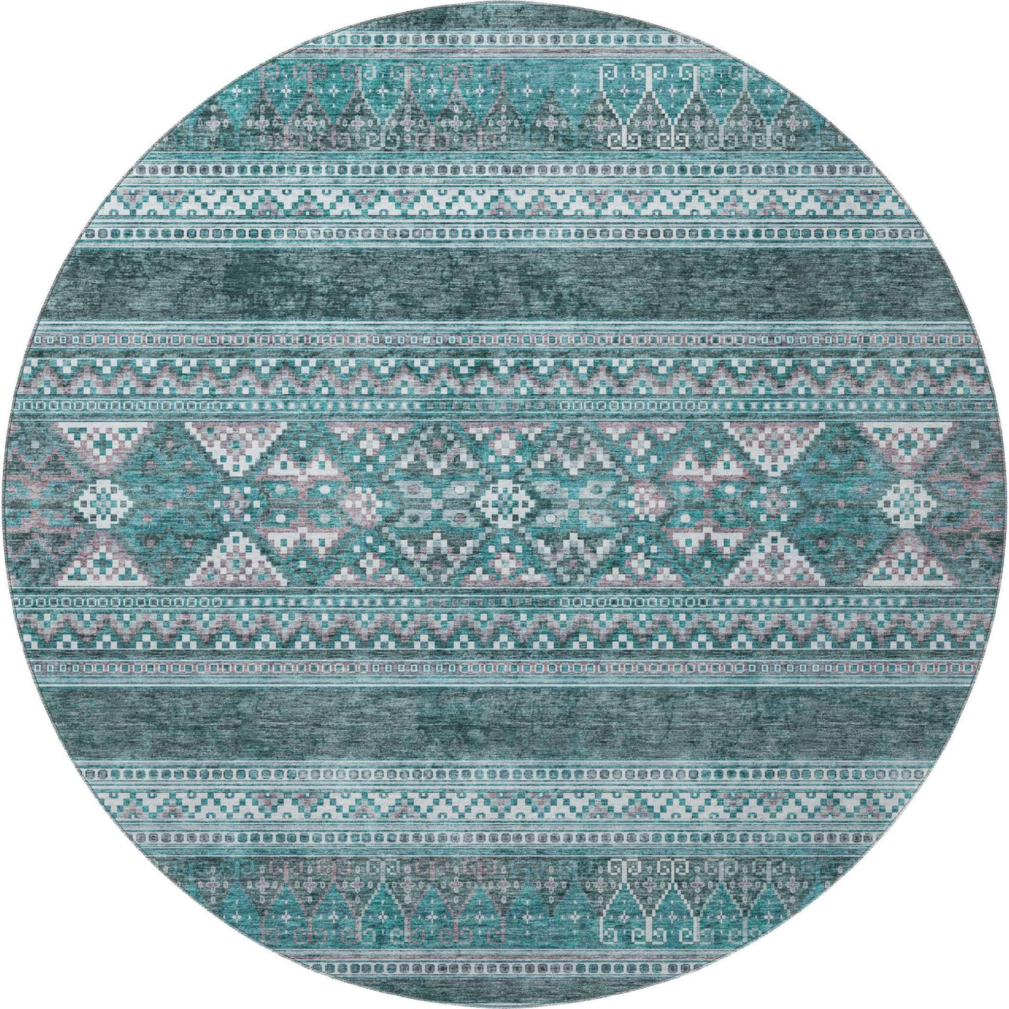 8' Teal And Ivory Southwestern Washable Round Rug With UV Protection - HomeRoots - Flyclothing LLC