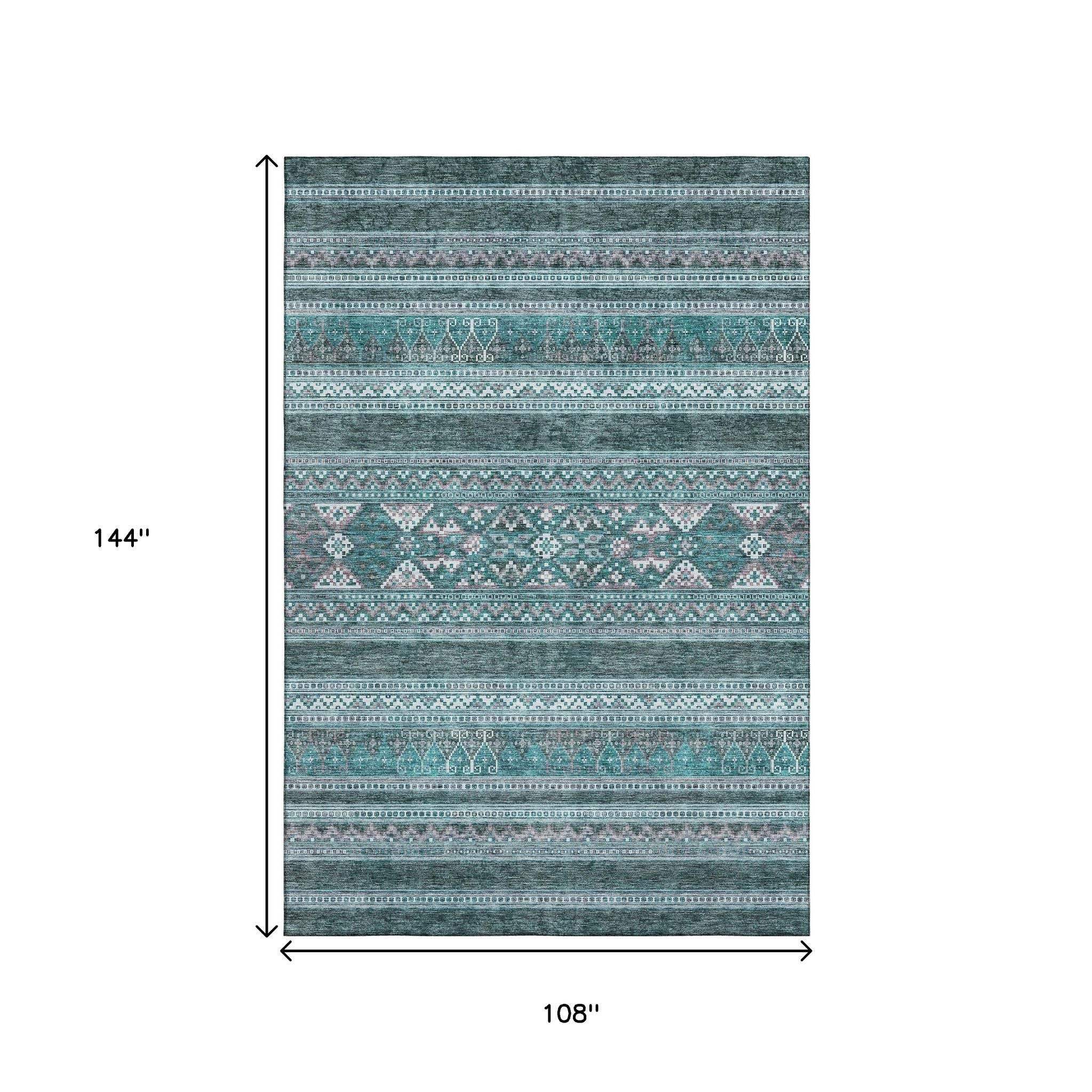 9' X 12' Teal And Ivory Southwestern Washable Area Rug With UV Protection - HomeRoots - Flyclothing LLC