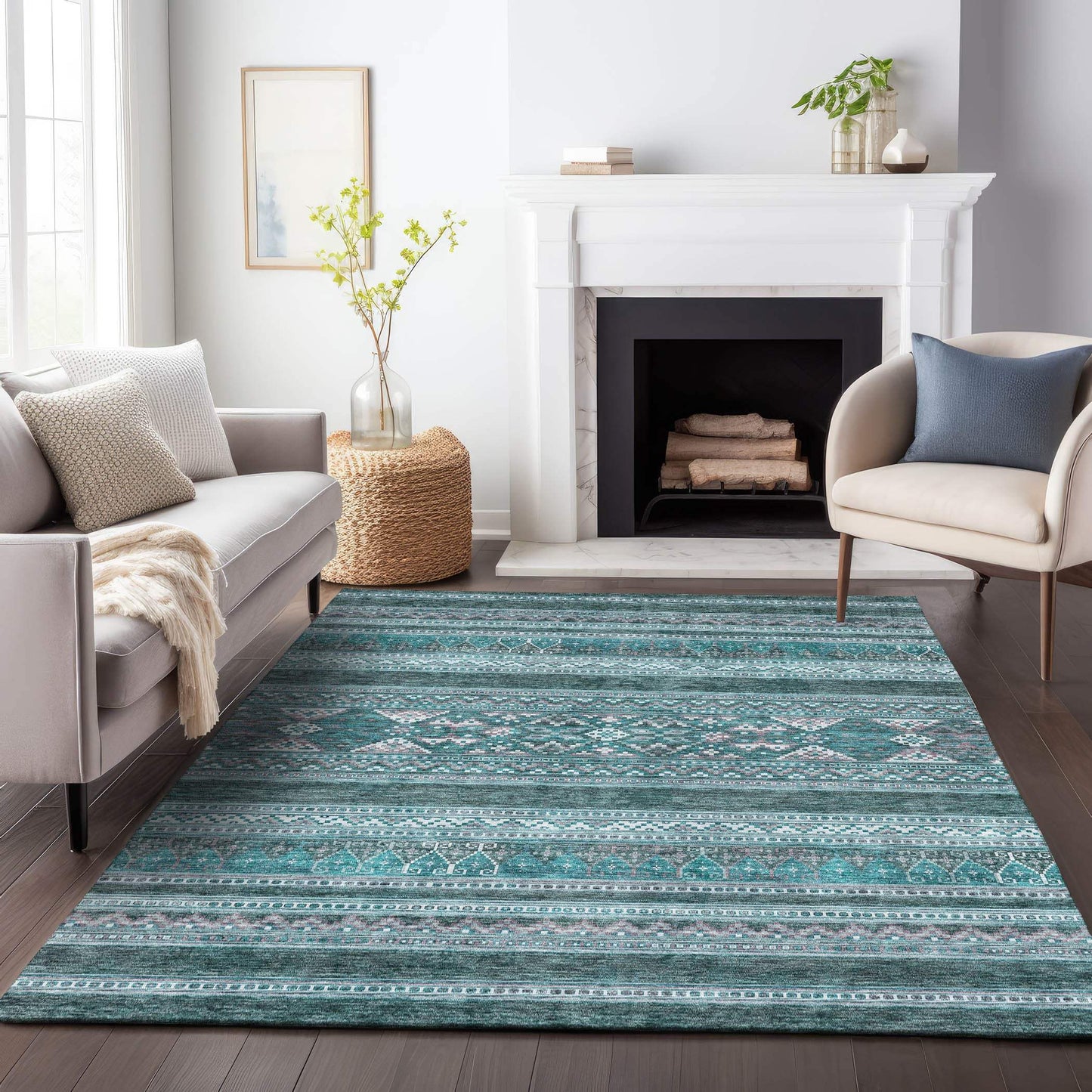 9' X 12' Teal And Ivory Southwestern Washable Area Rug With UV Protection - HomeRoots - Flyclothing LLC