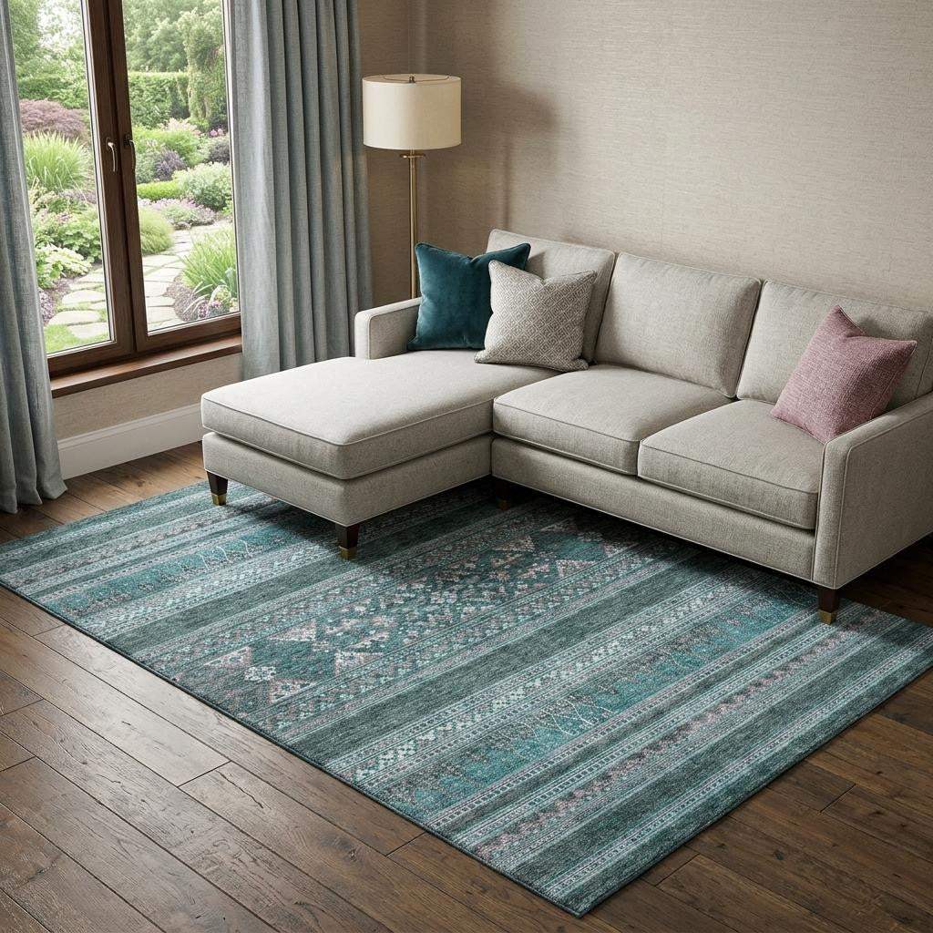 9' X 12' Teal And Ivory Southwestern Washable Area Rug With UV Protection - HomeRoots - Flyclothing LLC