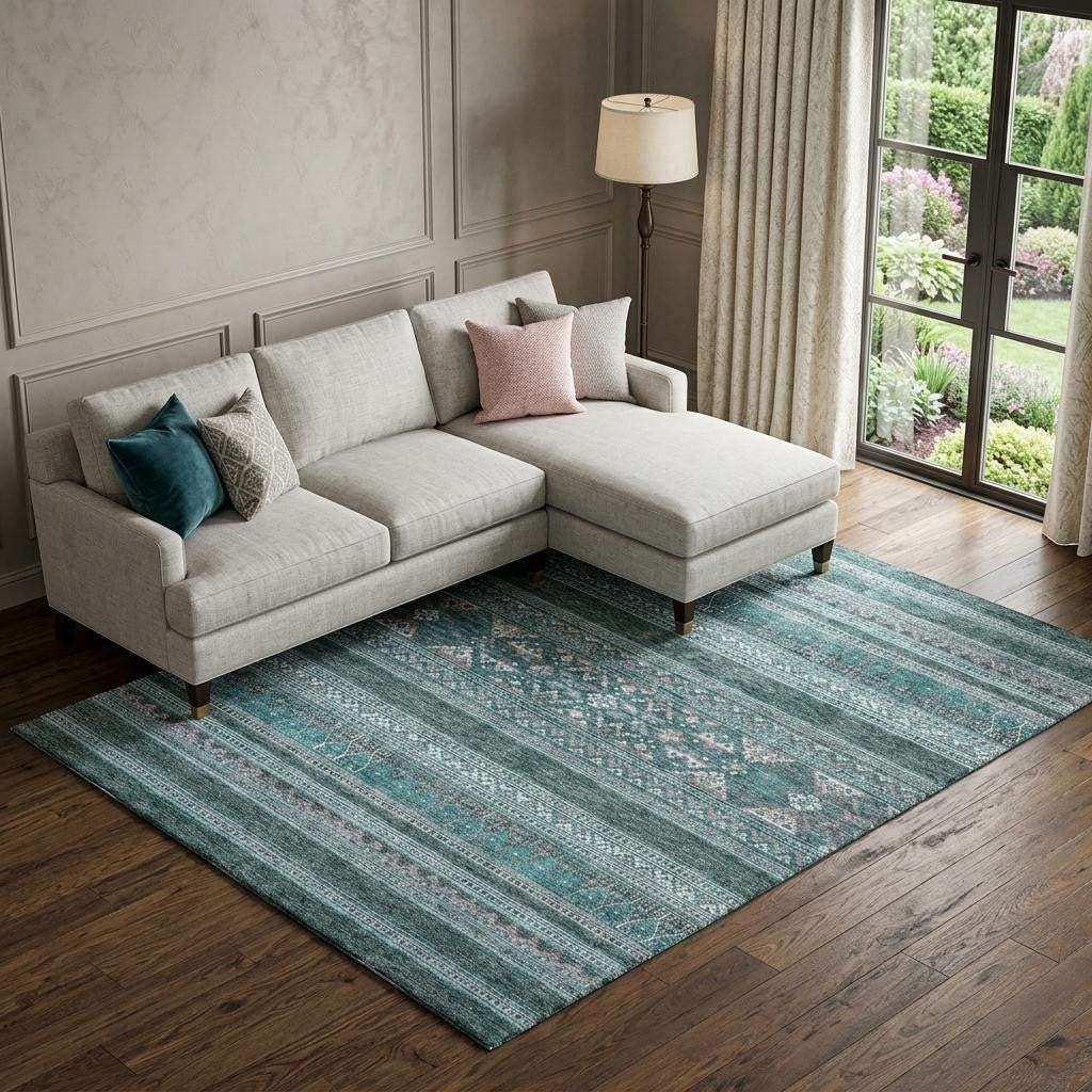 10' X 14' Teal And Ivory Southwestern Washable Area Rug With UV Protection - HomeRoots - Flyclothing LLC