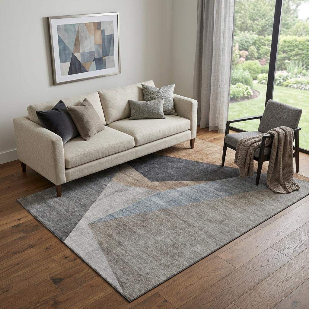 5' X 8' Taupe Blue And Beige Geometric Washable Area Rug With UV Protection - HomeRoots - Flyclothing LLC