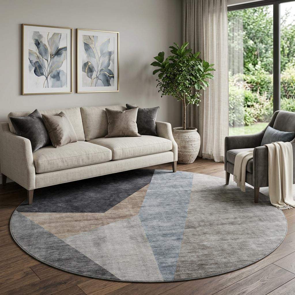 8' Taupe Blue And Beige Geometric Washable Round Rug With UV Protection - HomeRoots - Flyclothing LLC