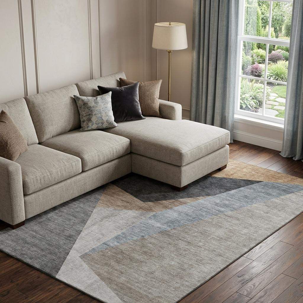 10' X 14' Taupe Blue And Beige Geometric Washable Area Rug With UV Protection - HomeRoots - Flyclothing LLC