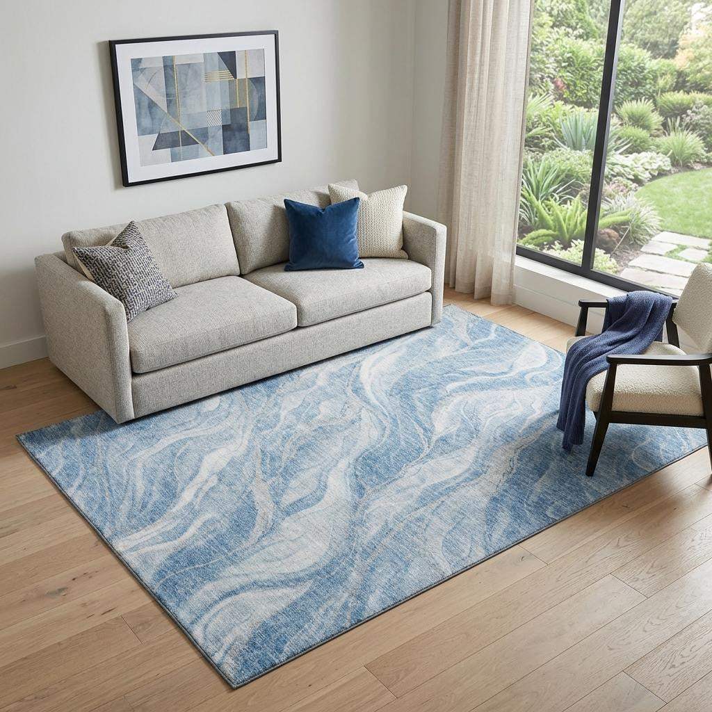 5' X 8' Blue And Ivory Abstract Washable Area Rug With UV Protection - HomeRoots - Flyclothing LLC