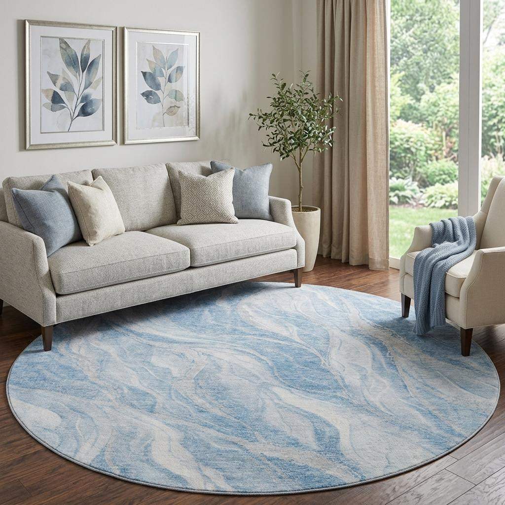 8' Blue And Ivory Abstract Washable Round Rug With UV Protection - HomeRoots - Flyclothing LLC