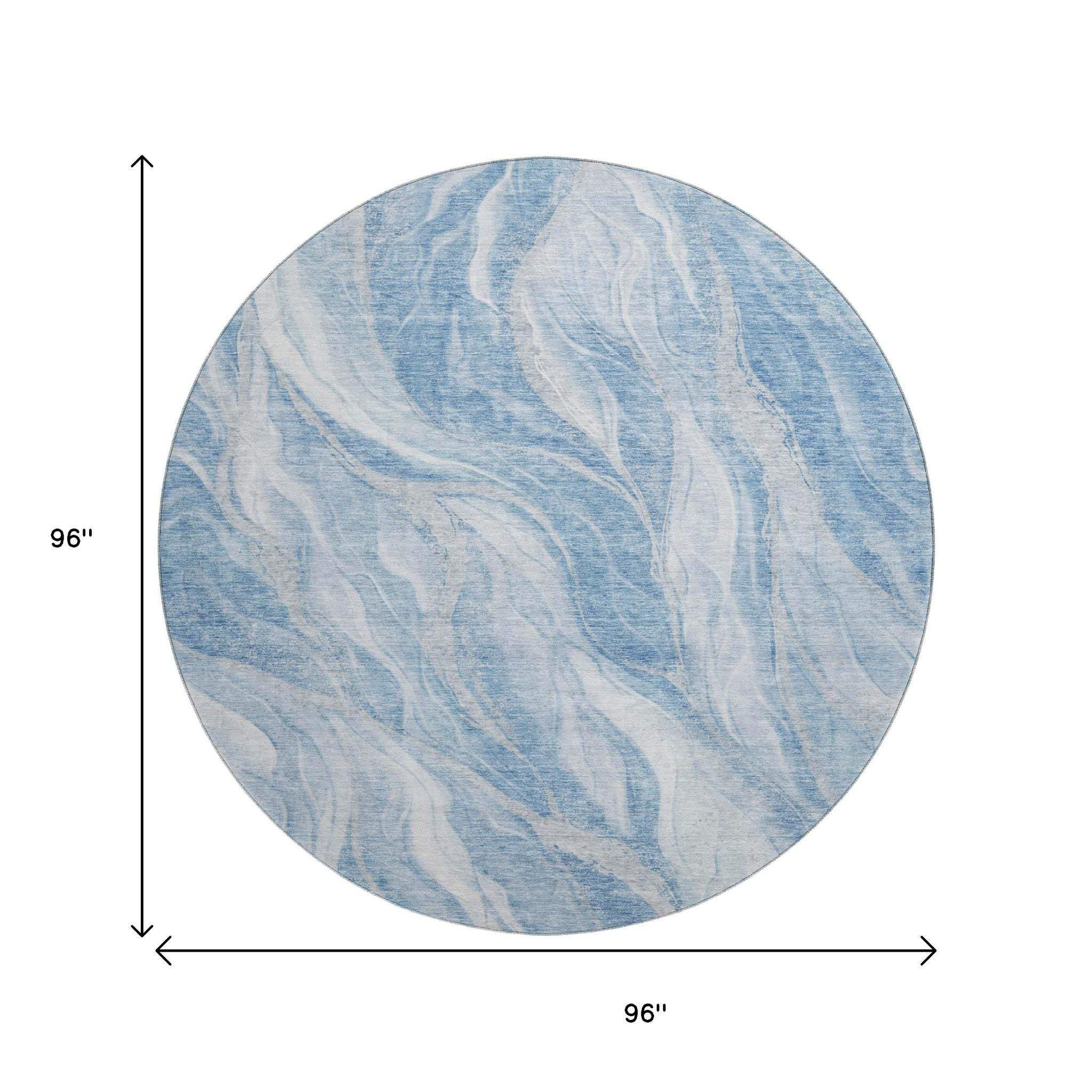 8' Blue And Ivory Abstract Washable Round Rug With UV Protection - HomeRoots - Flyclothing LLC