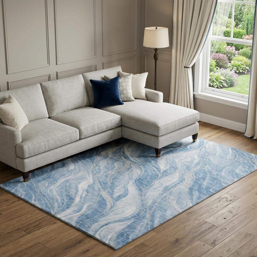 8' X 10' Blue And Ivory Abstract Washable Area Rug With UV Protection - HomeRoots - Flyclothing LLC