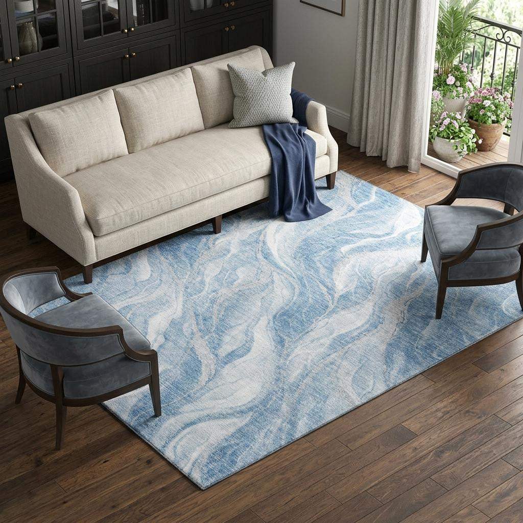 9' X 12' Blue And Ivory Abstract Washable Area Rug With UV Protection - HomeRoots - Flyclothing LLC
